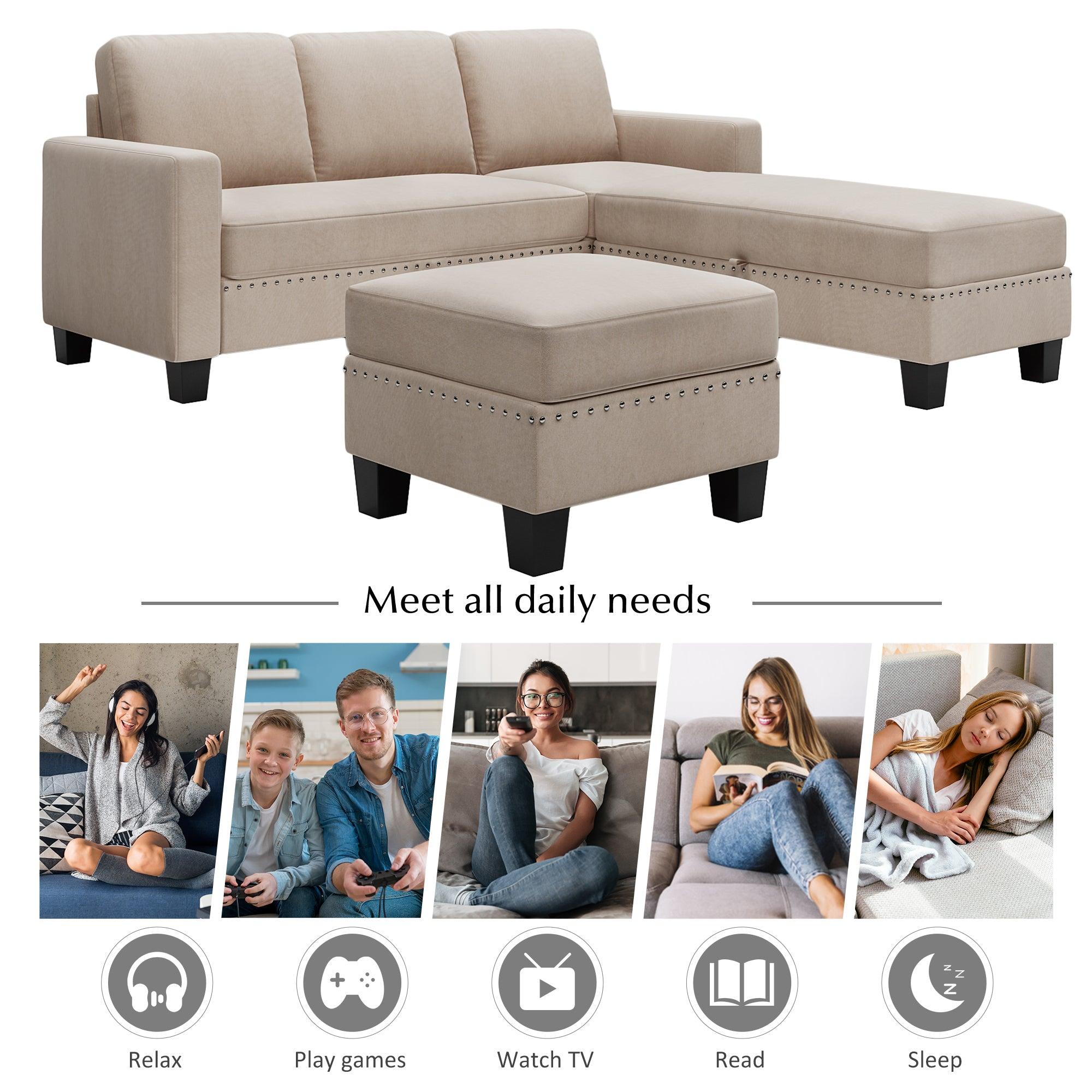 81.1*76.3*35" Reversible Sectional Couch withStorage Ottoman L-Shaped Sofa,Sectional Sofa with Chaise,Nailheaded Textured Fabric 3 pieces Sofa Set,Warm Grey