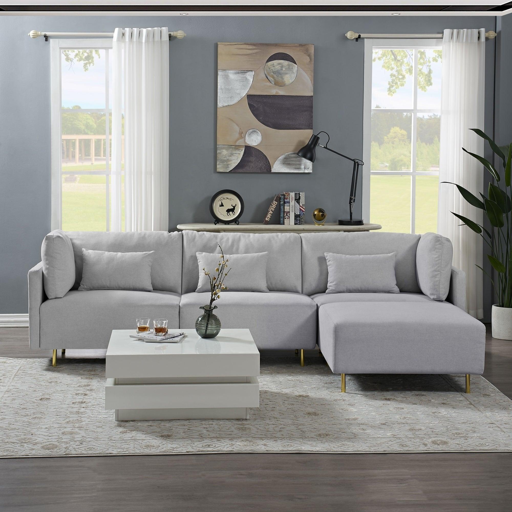 Modern Luxury Sectional Sofa Couch Quality Upholstery L Shape Sofa lden Metal Leg with Convertible Ottoman Chaise Grey