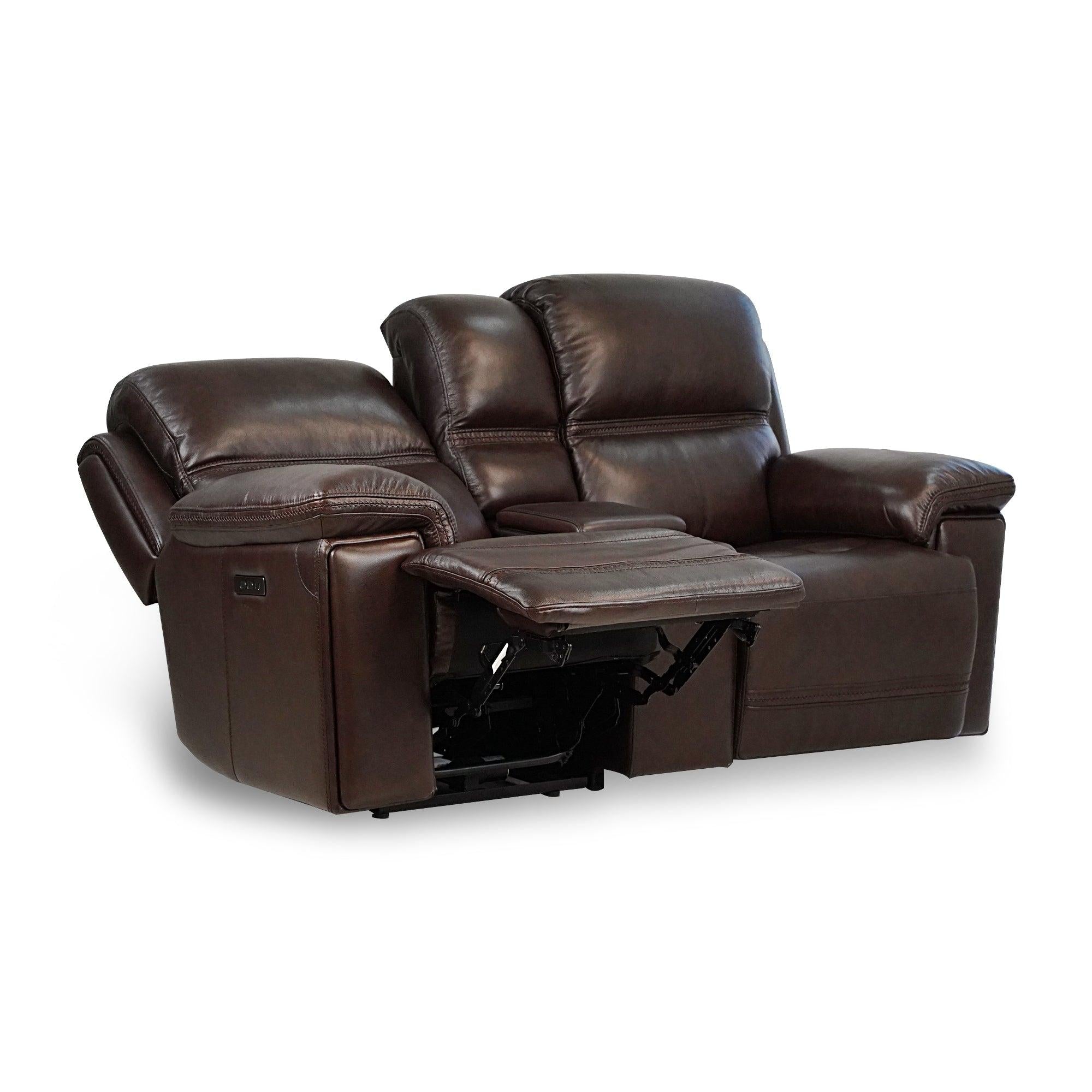 Timo Top Grain Leather Power Reclining Loveseat With Console | Adjustable Headrest |Storage | Steel Cup Holders | Cross Stitching