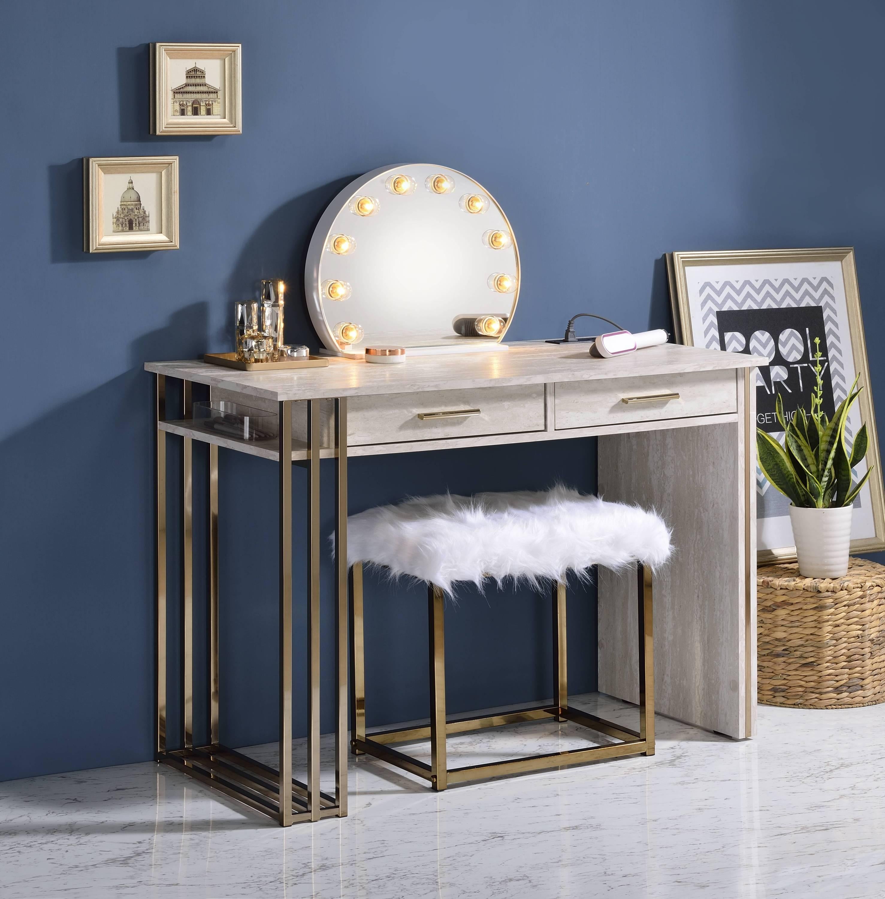 ACME Tyeid Vanity Desk w/USB in Antique White & Gold Finish AC00898