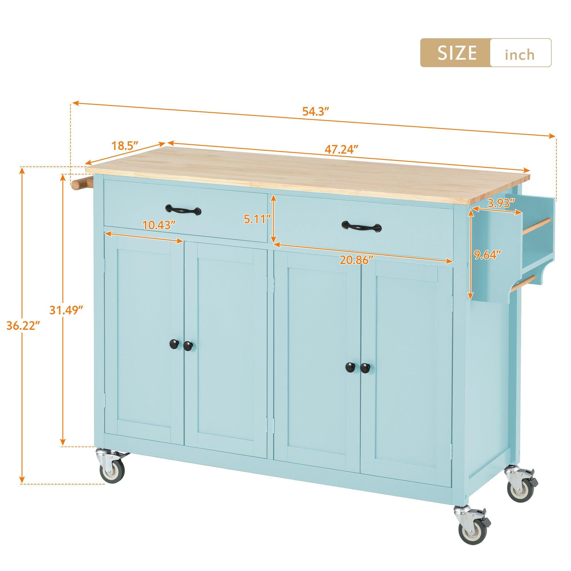 Kitchen Island Cart with 4 Door Cabinet and Two Drawers and 2 Locking Wheels - Solid Wood Top, Adjustable Shelves, Spice & Towel Rack（Mint Green）