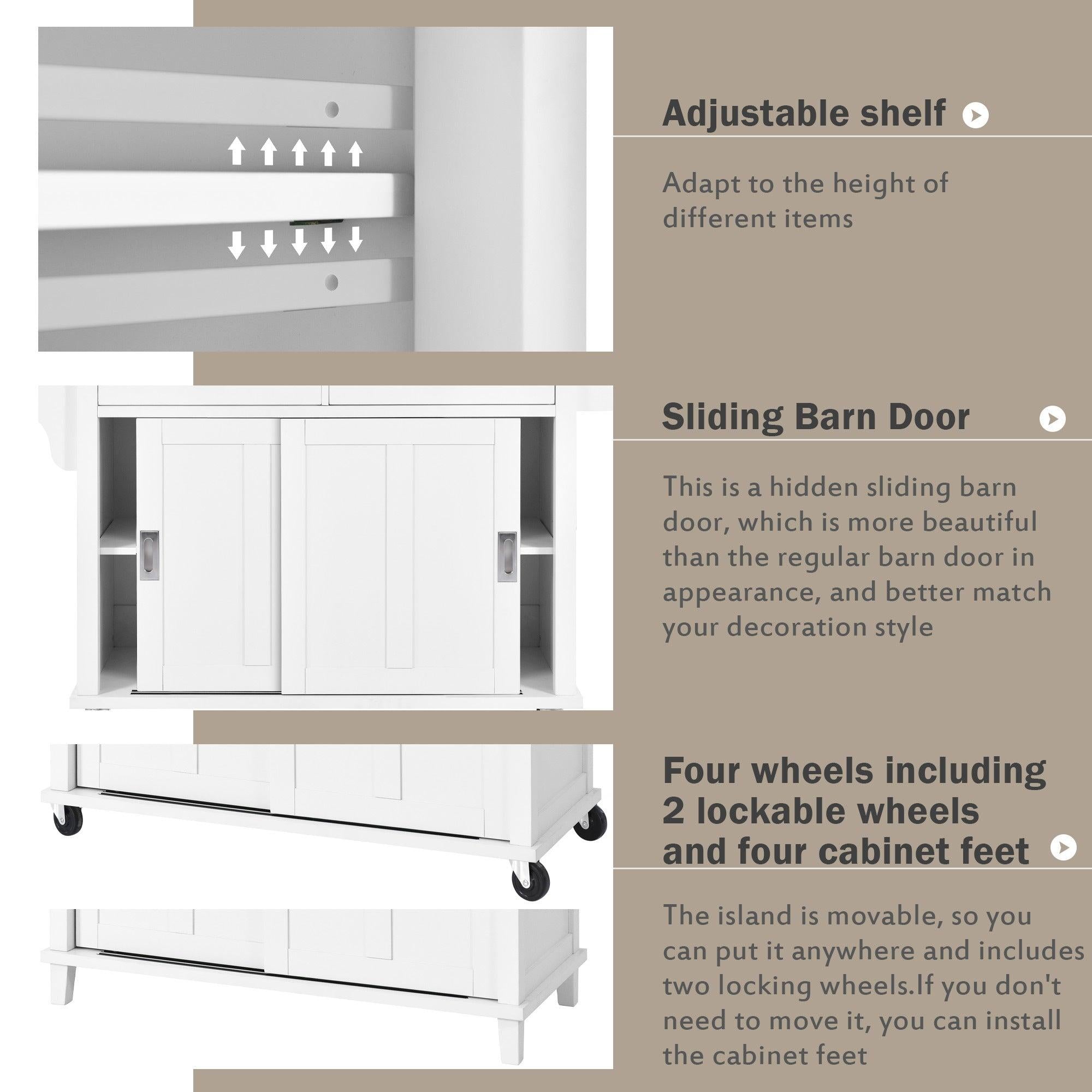 Kitchen Cart with Rubber wood Drop-Leaf Countertop, Concealed sliding barn door adjustable height,Kitchen Island on 4 Wheels withStorage Cabinet and 2 Drawers,L52.2xW30.5xH36.6 inch, White