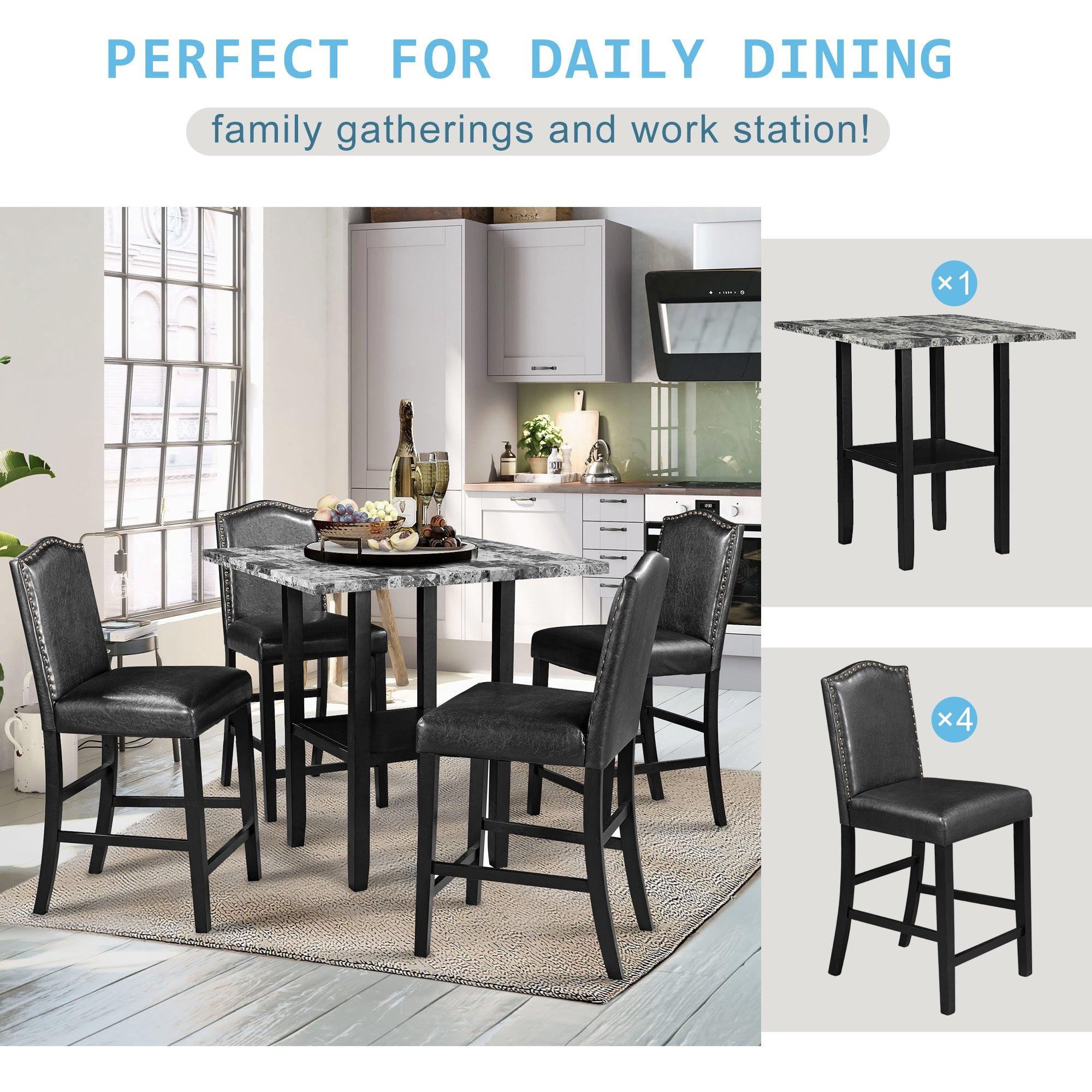 5 Piece Dining Set with Matching Chairs and Bottom Shelf for Dining Room, Black Chair+Gray Table