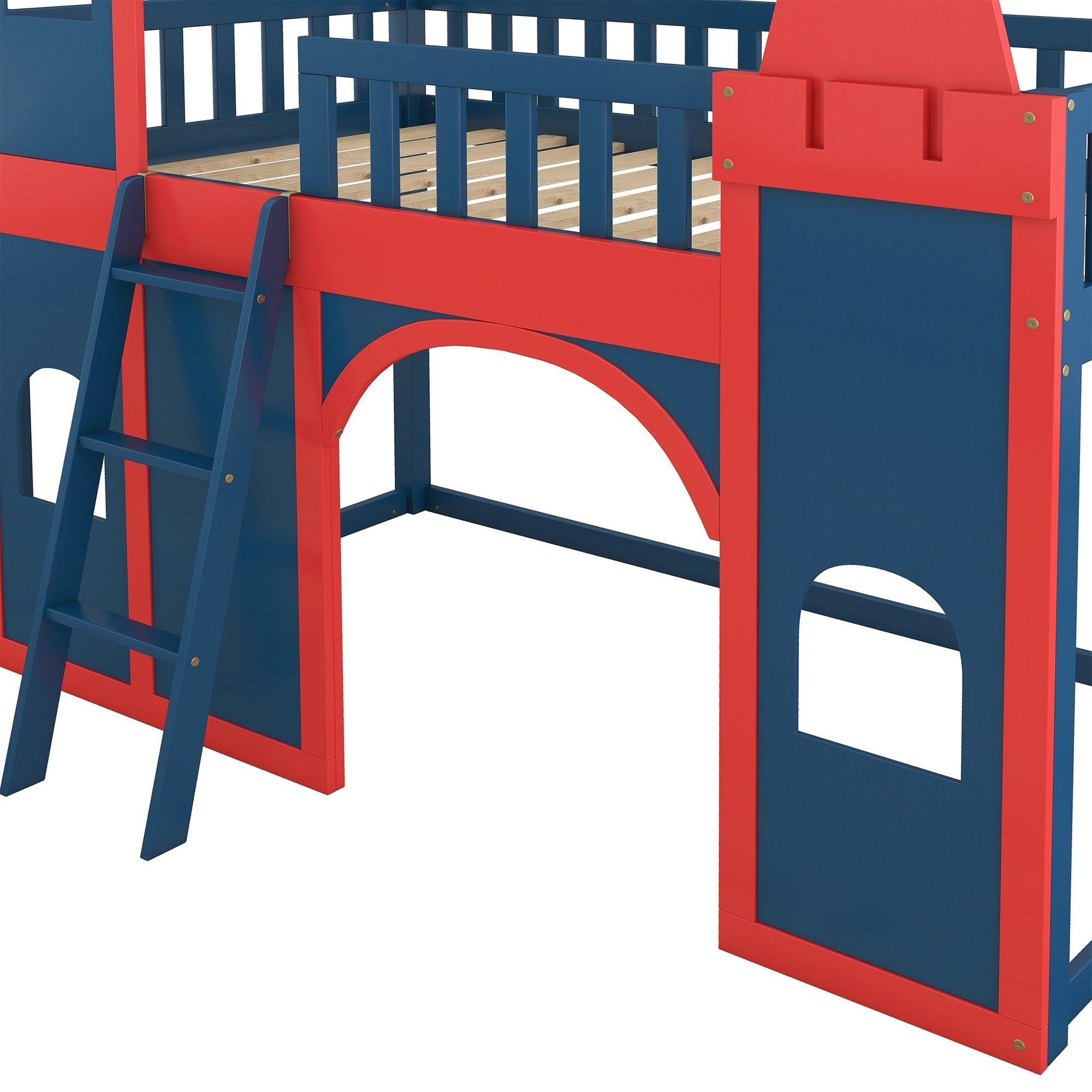 Twin Size Castle Shaped Loft Bed with UnderbedStorage Space,Red