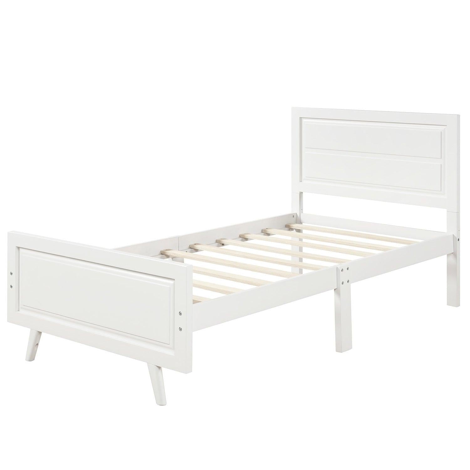 Wood Platform Bed Twin Bed Frame Mattress Foundation with Headboard and Wood Slat Support (White)