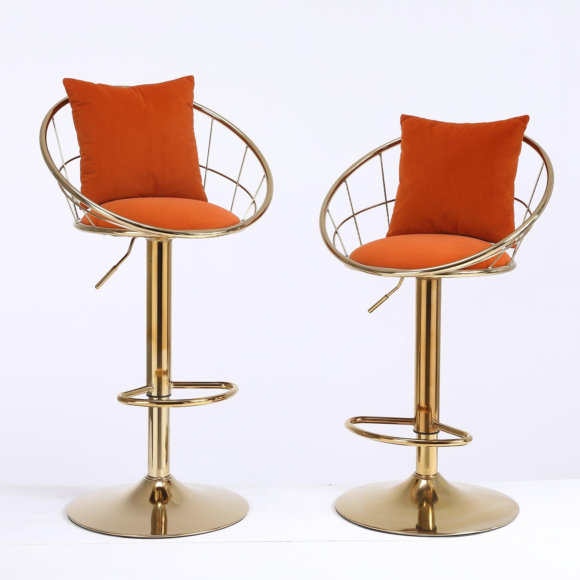 Orange velvet bar chair, pure gold plated, unique design，360 degree rotation, adjustable height，Suitable for dinning room and bar，set of 2