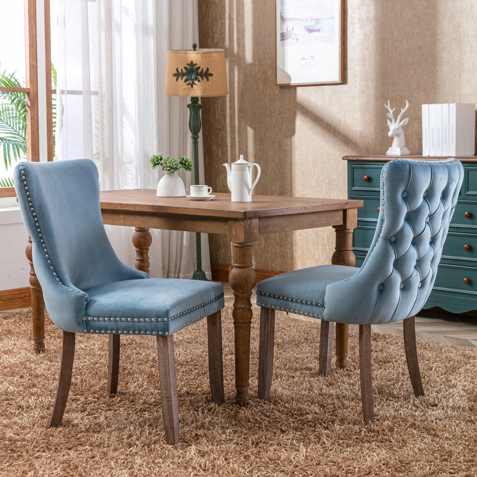 Cream Upholstered Wing-Back Dining Chair with Backstitching Nailhead Trim and Solid Wood Legs,Set of 2, Light Blue image