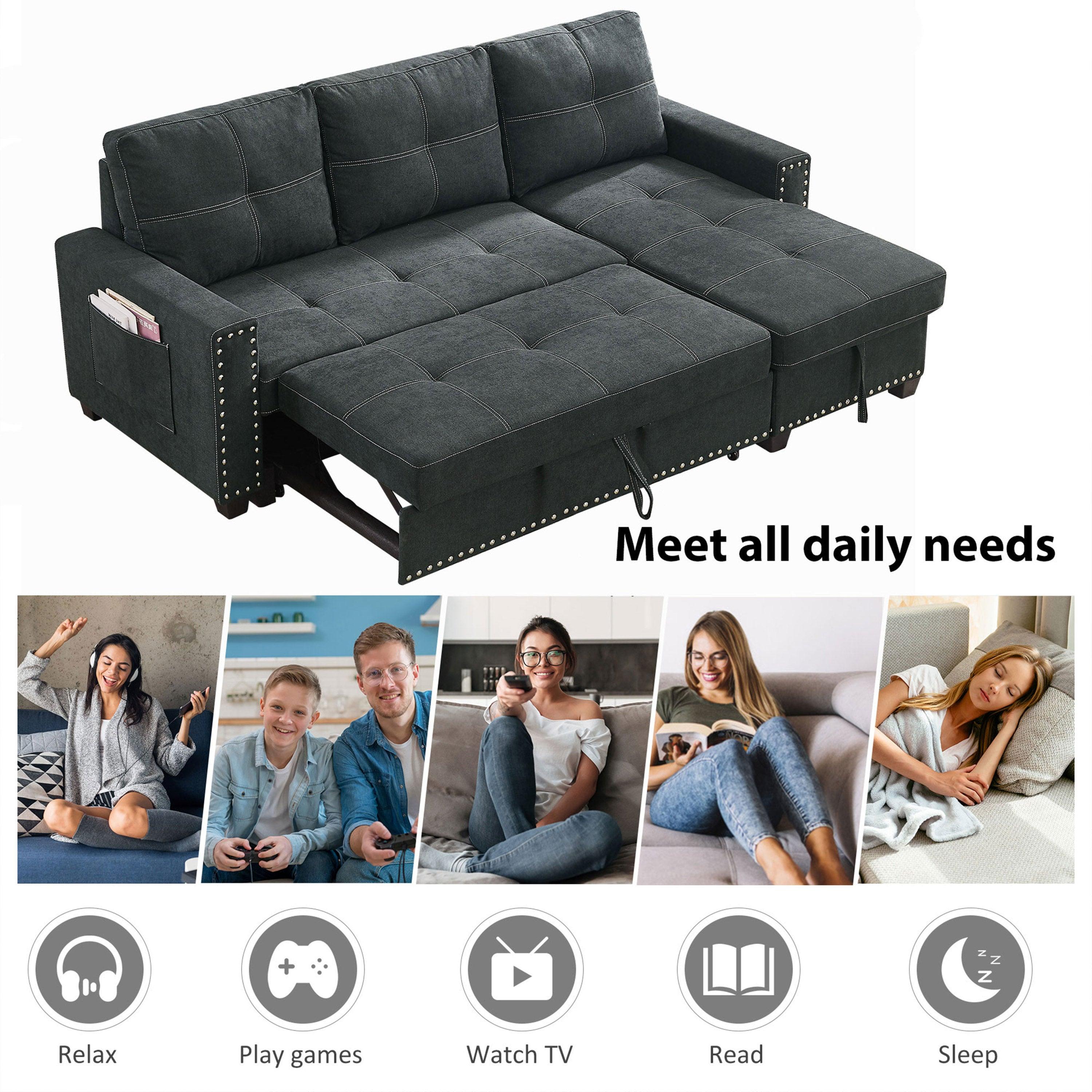 MH 82" Sleeper Sofa Bed Reversible Sectional Couch withStorage Chaise and SideStorage bag for Living Room Furniture Set, silver rivets on both hands