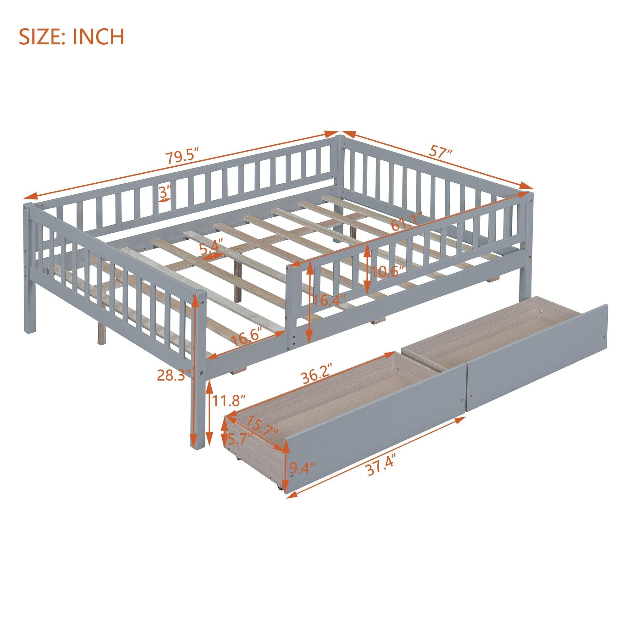 Full Size Daybed Wood Bed with Two Drawers, Gray