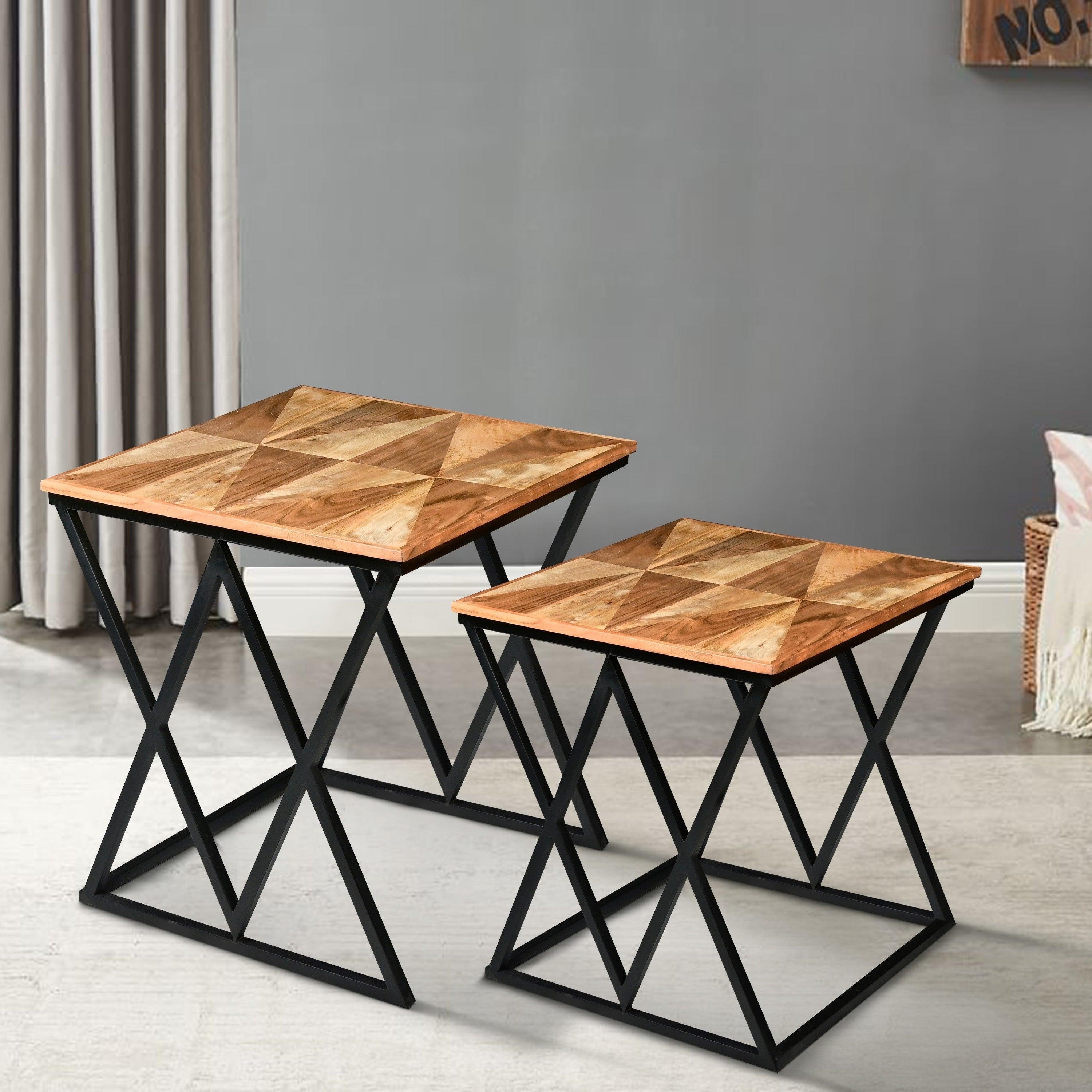 Madeline 25, 23 Inch Square 2 Piece Nesting End Table Set, Wood Top, Iron Frame, Brown and Black