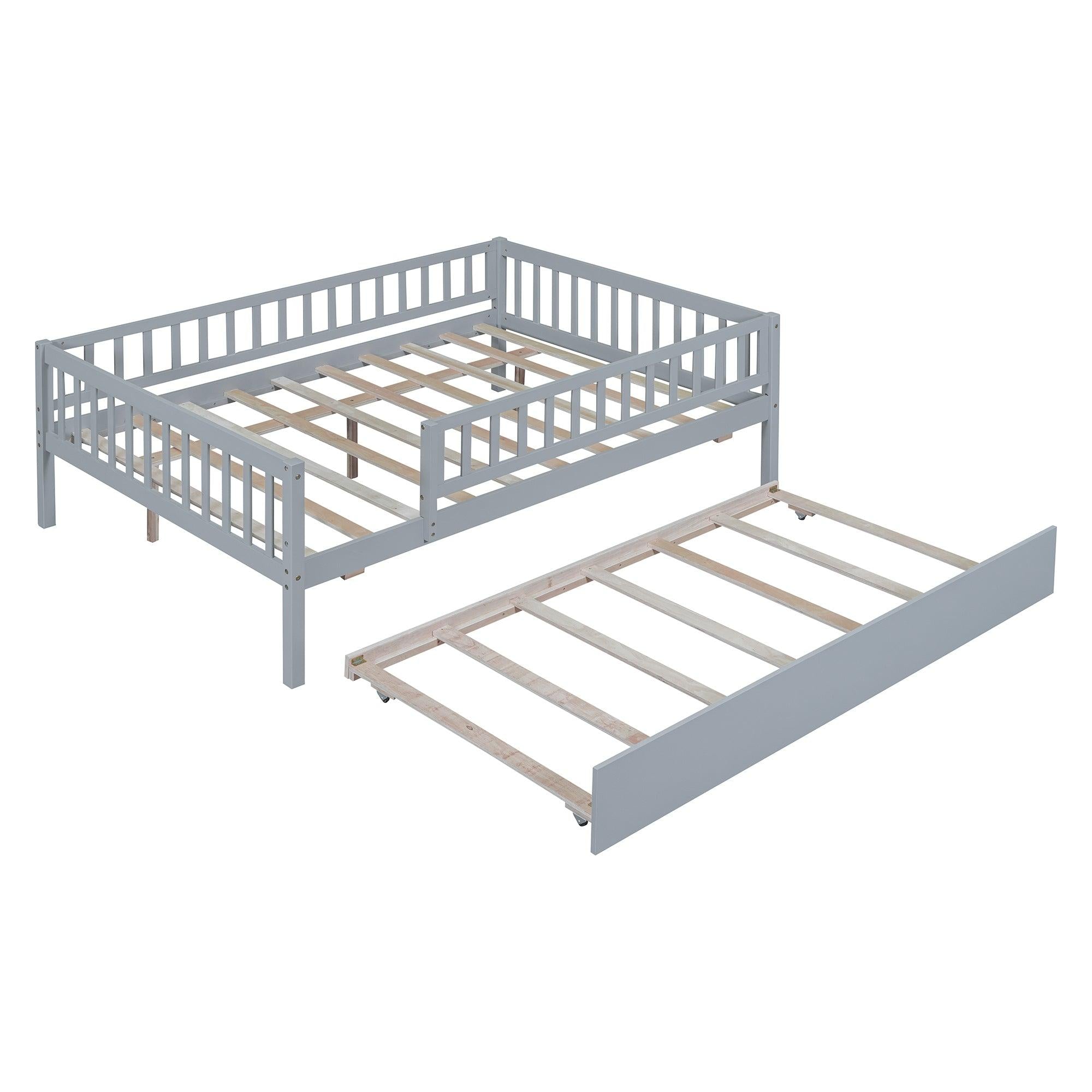 Full Size Wood Daybed with Trundle and Fence Guardrails, Gray