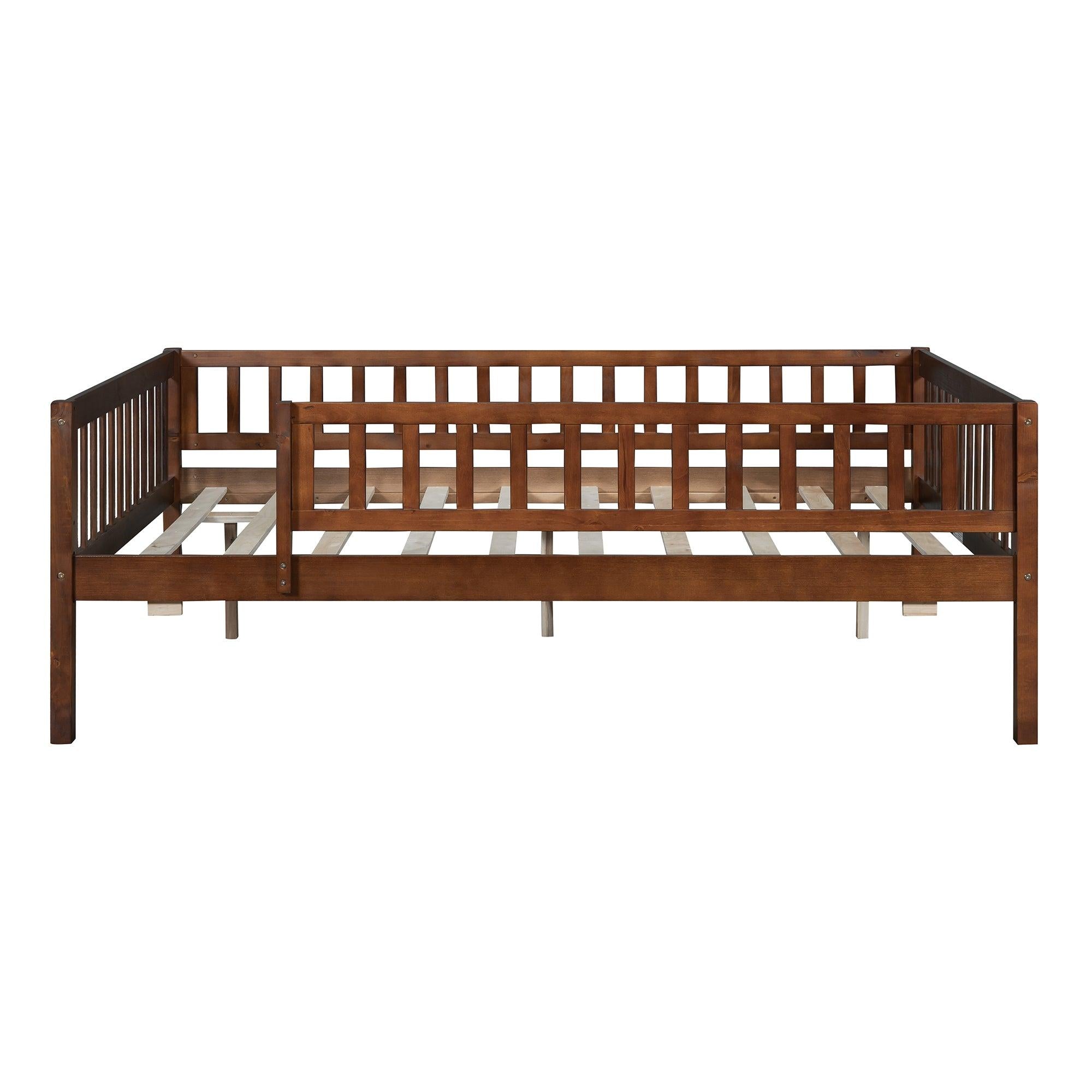 Full Size Wood Daybed with Trundle and Fence Guardrails, Walnut