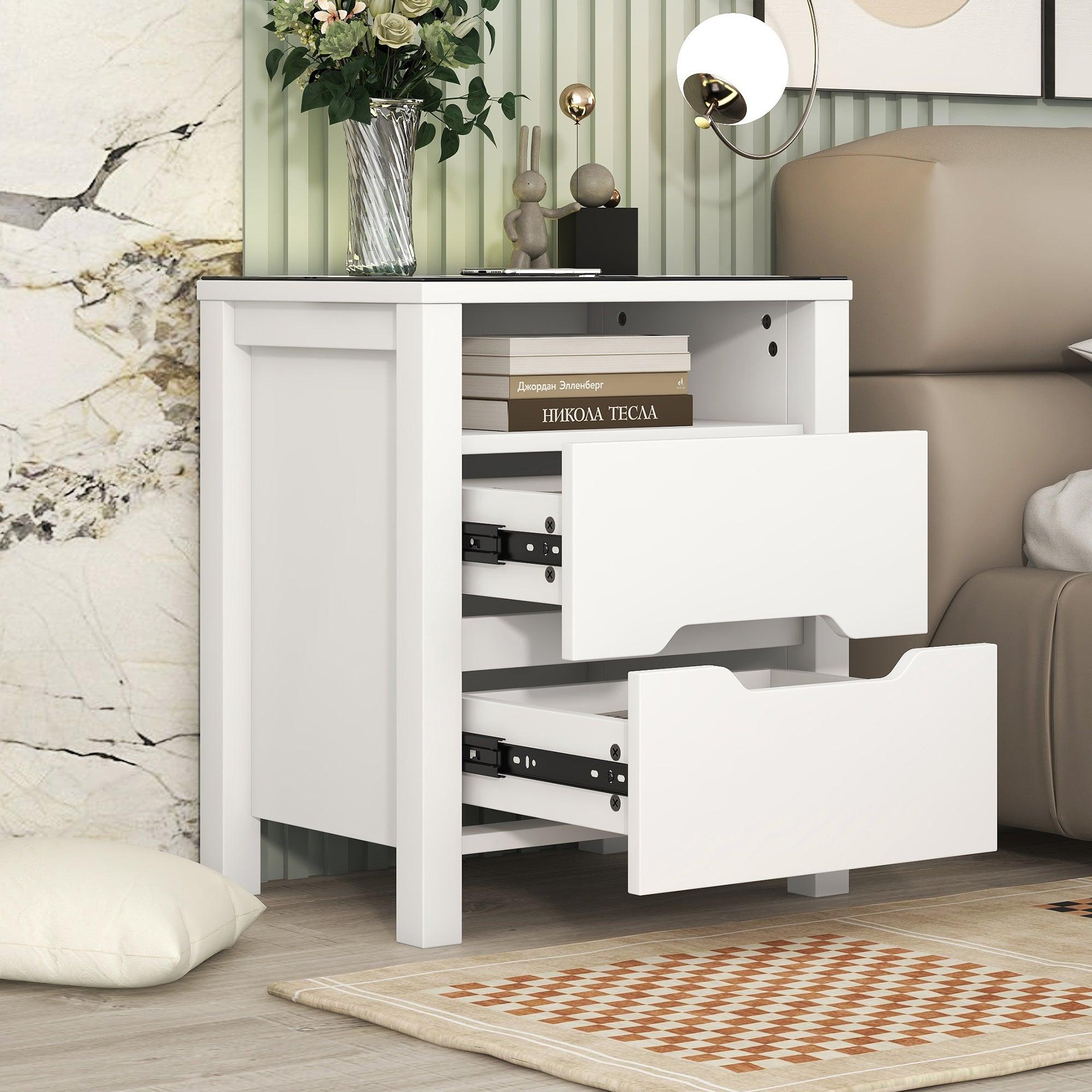 MultifunctionalStorage Nightstand with 2 Drawers and an open shelf, Wireless Charging with adjustable LED, White