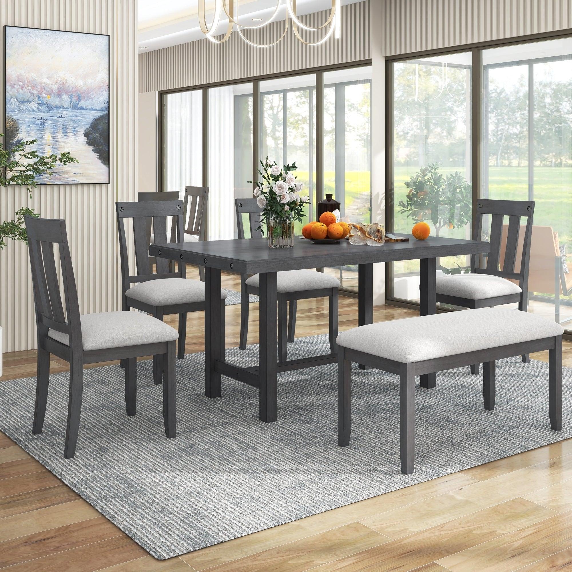 Rustic Farmhouse 6-Piece Wooden Rustic Style Dining Set, Including Table, 4 Chairs & Bench (Gray) image