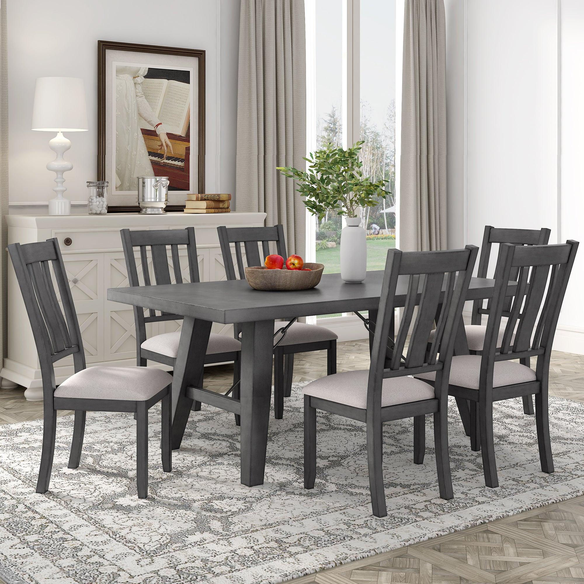 7-Piece Dining Room Set - 72" Industrial Style Rectangular Table with Chain Bracket and 6 Dining Chairs (Gray) image