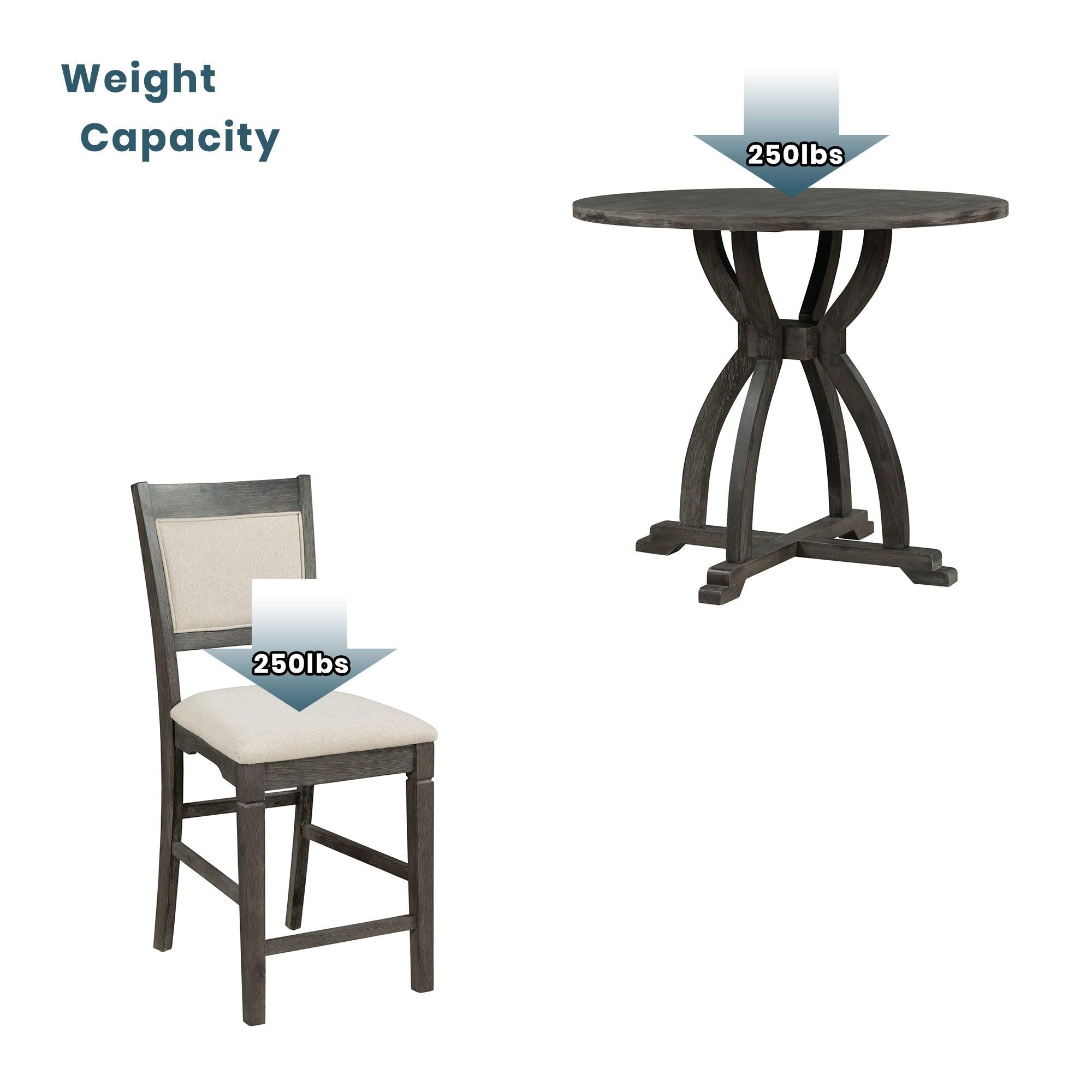 Farmhouse 5-Piece Round Dining Table Set with Trestle Legs and 4 Upholstered Dining Chairs for Small Place, Gray