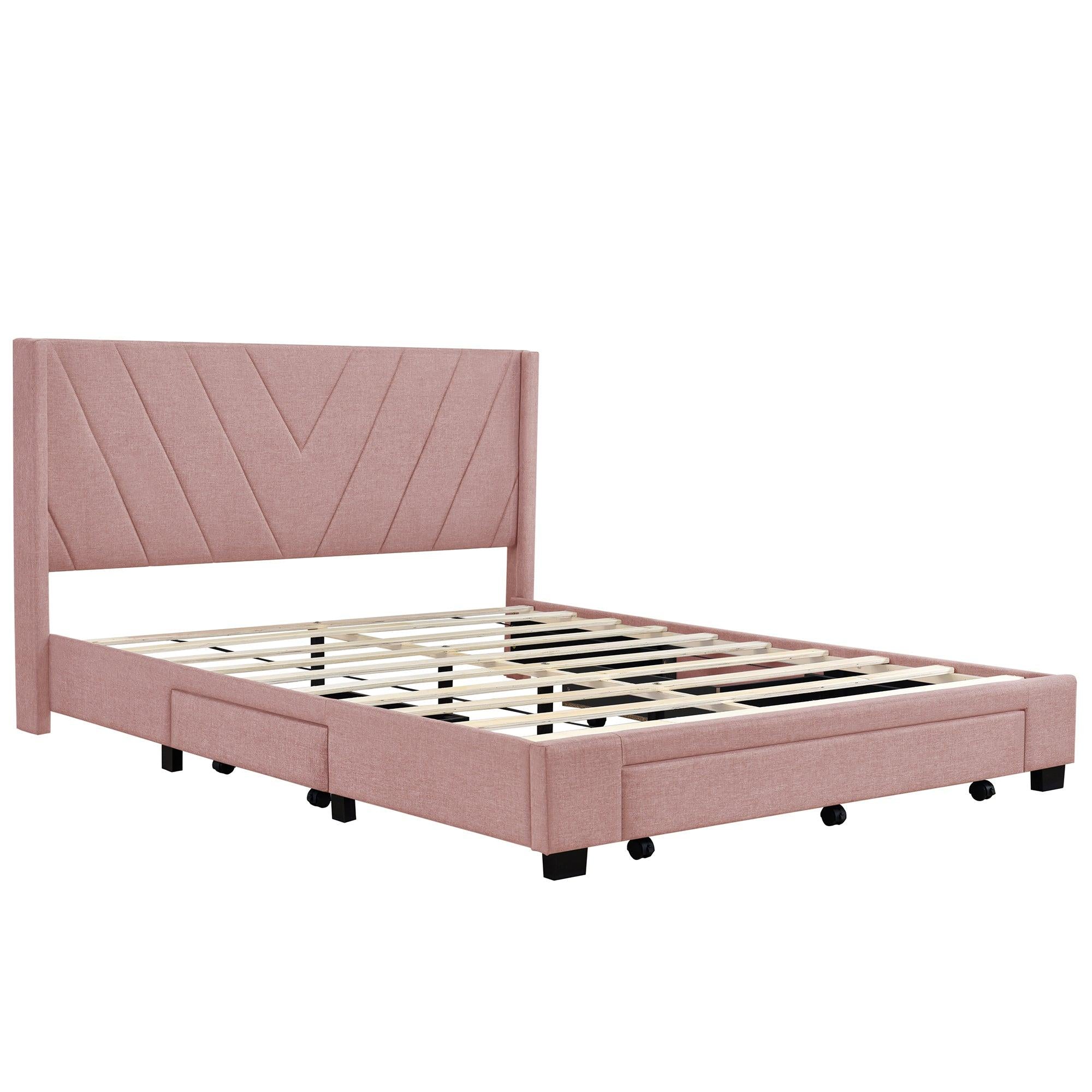 Queen SizeStorage Bed Linen Upholstered Platform Bed with 3 Drawers (Pink)