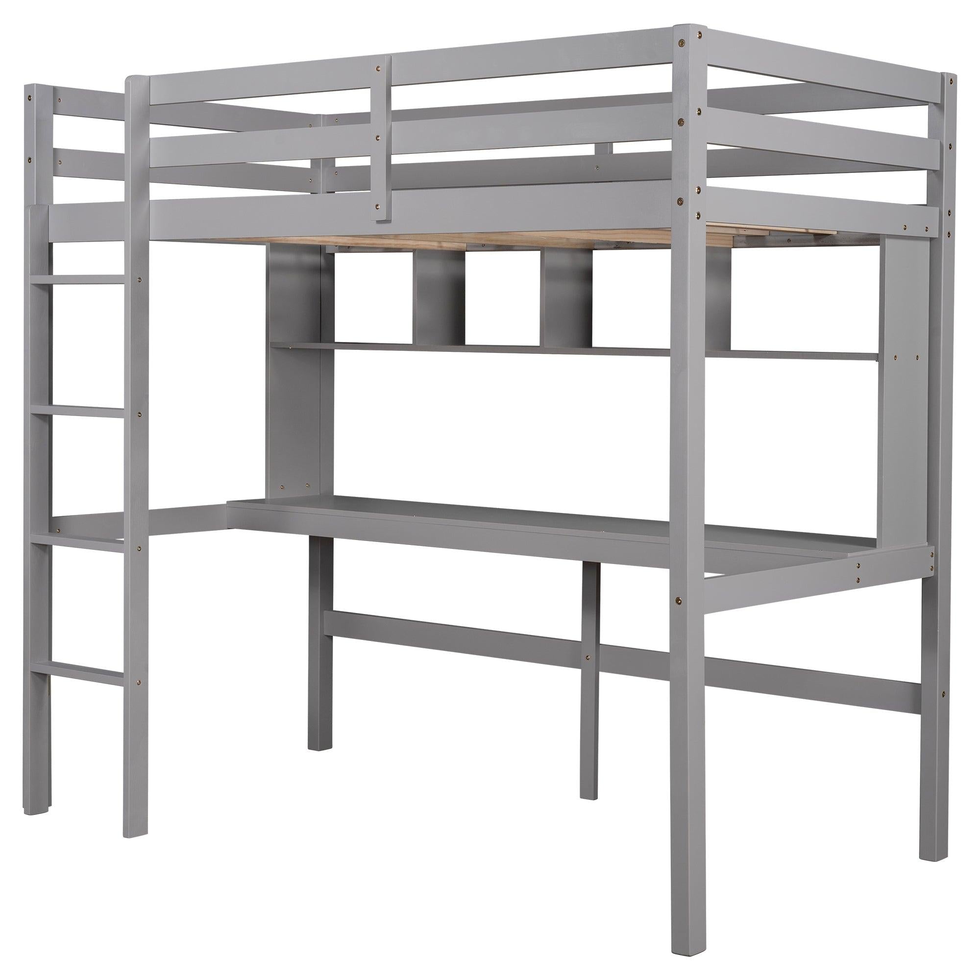 Twin Size Loft Bed with Convenient Desk, Shelves, and Ladder, White