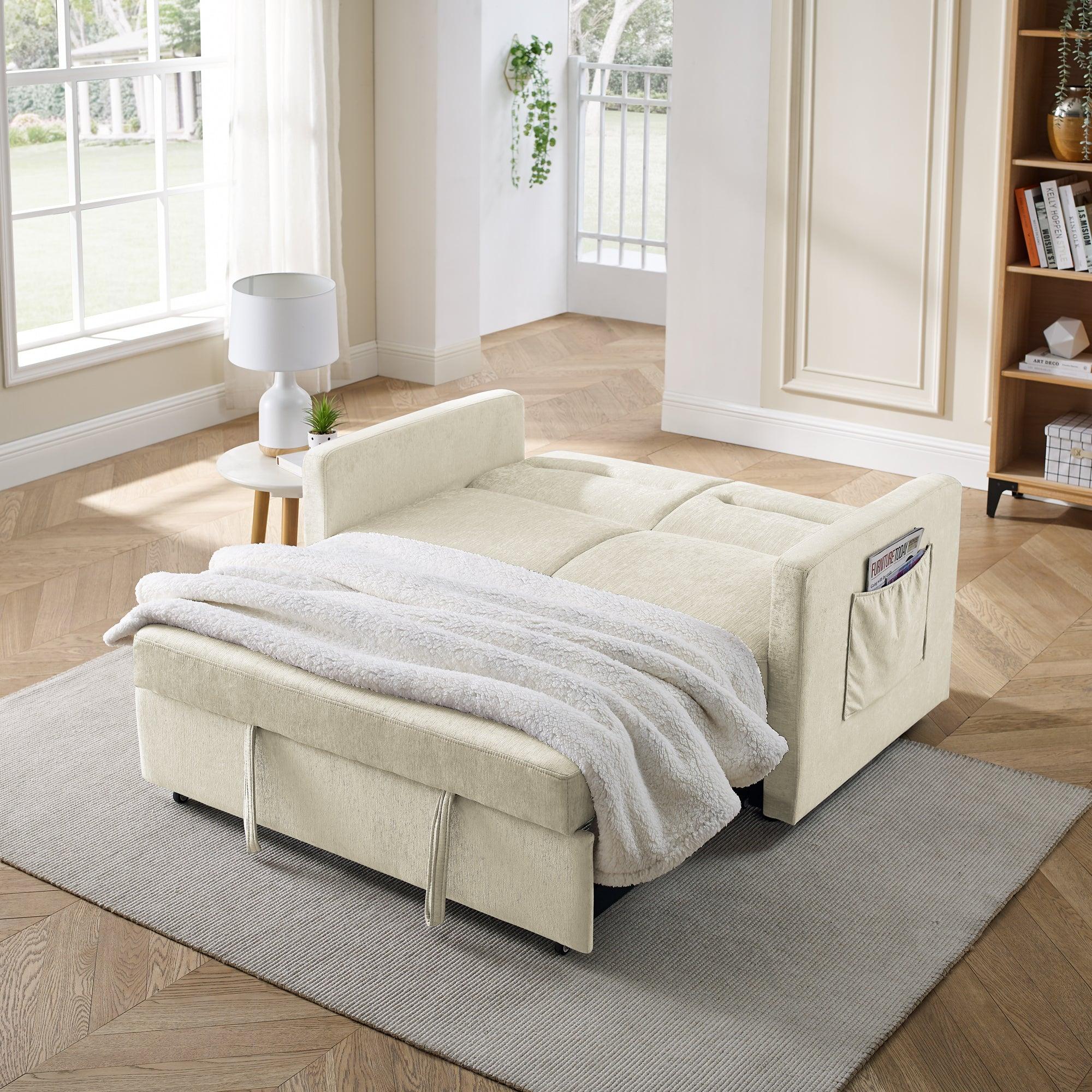 Loveseats Sofa Bed with Pull-out Bed，Adjsutable Back and Two Arm Pocket，Beige （54.5“x33”x31.5“）