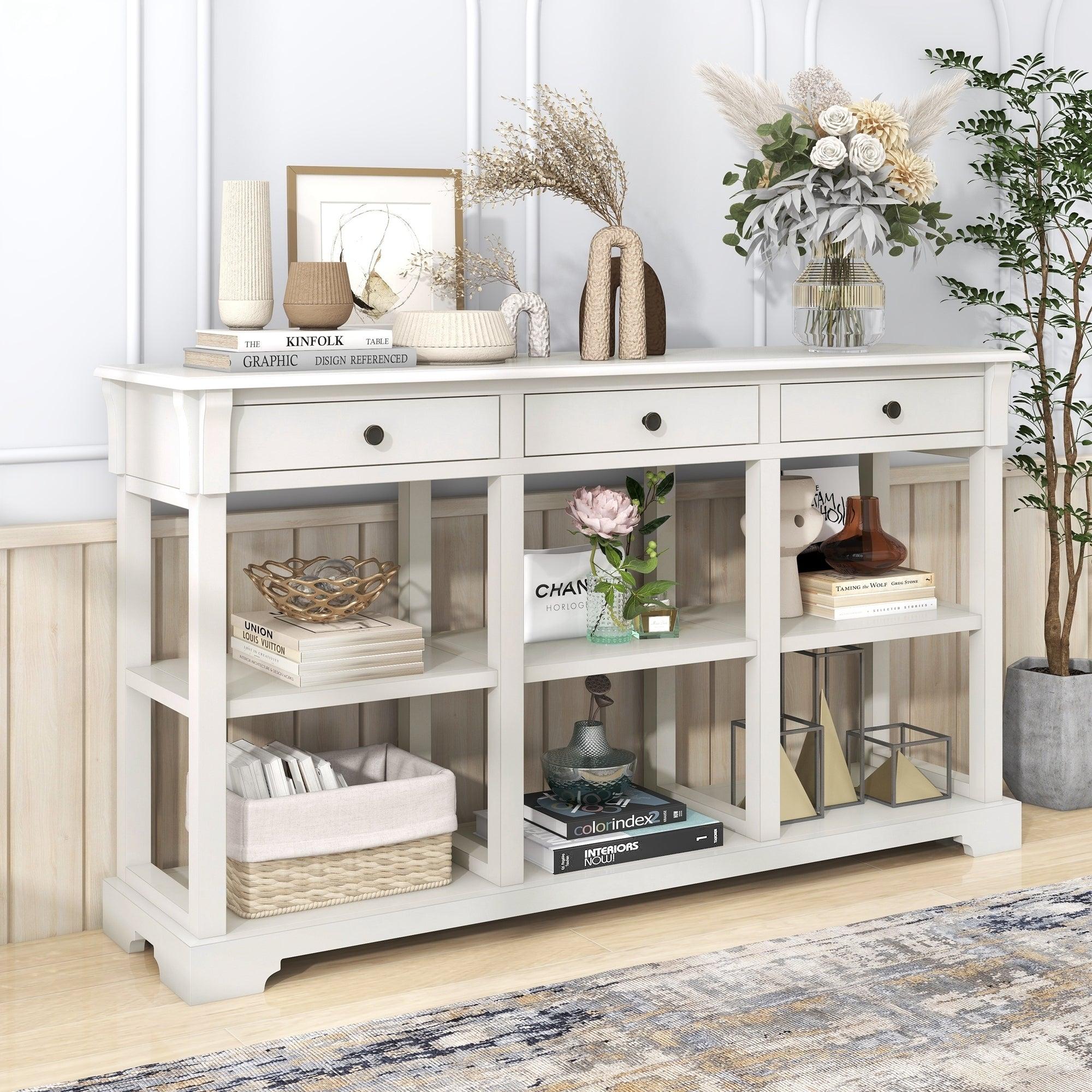 Retro Console Table/Sideboard with AmpleStorage, Open Shelves and Drawers for Living Room (Antique White) image