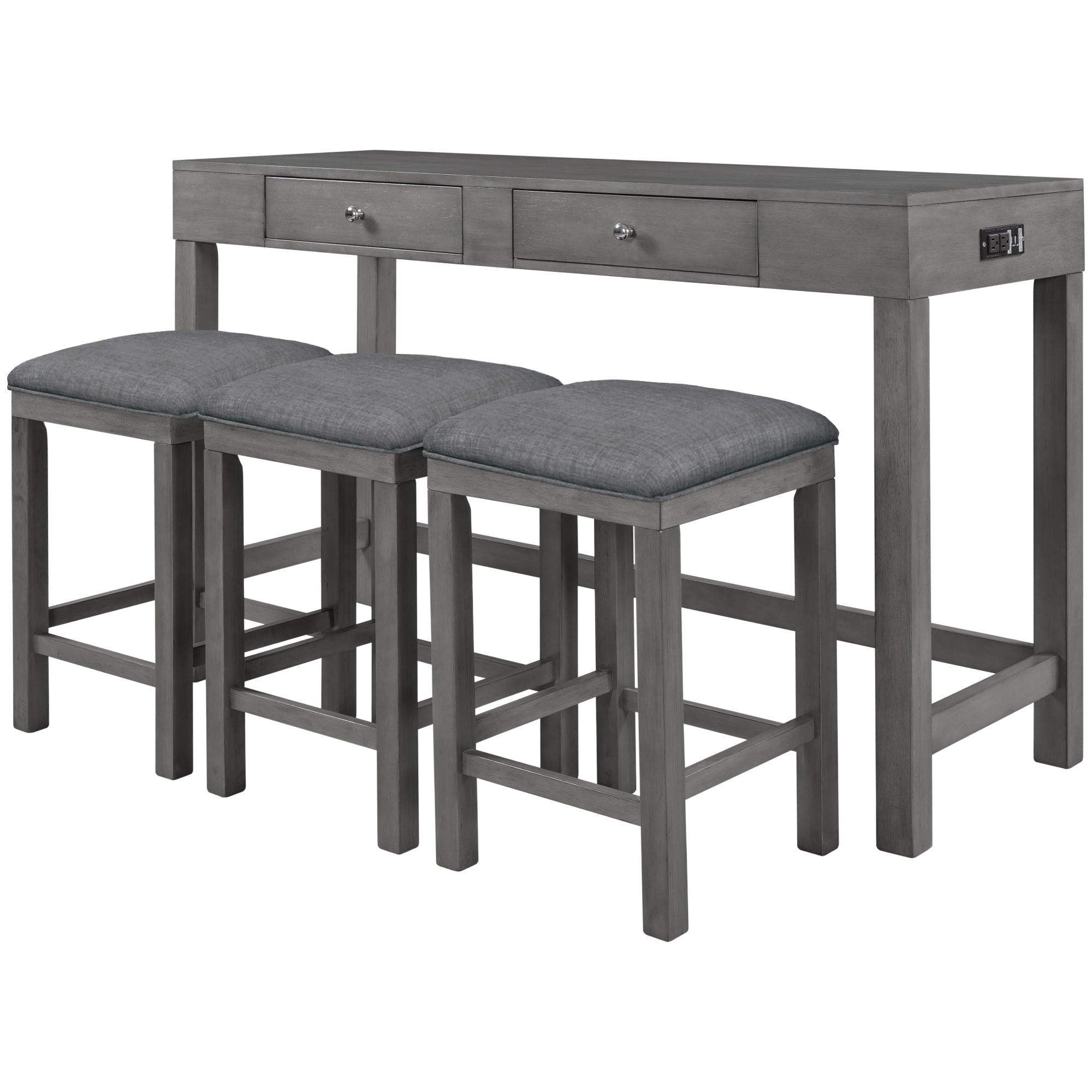 4-Piece Counter Height Table Set with Socket and Fabric Padded Stools, Gray