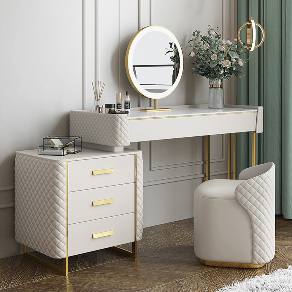 Makeup Vanity Set with LED Lighted Mirror, 5 Drawers,Modern Dressing Table Sintered Stone, Stool, For Bedroom, 47.24'', White image