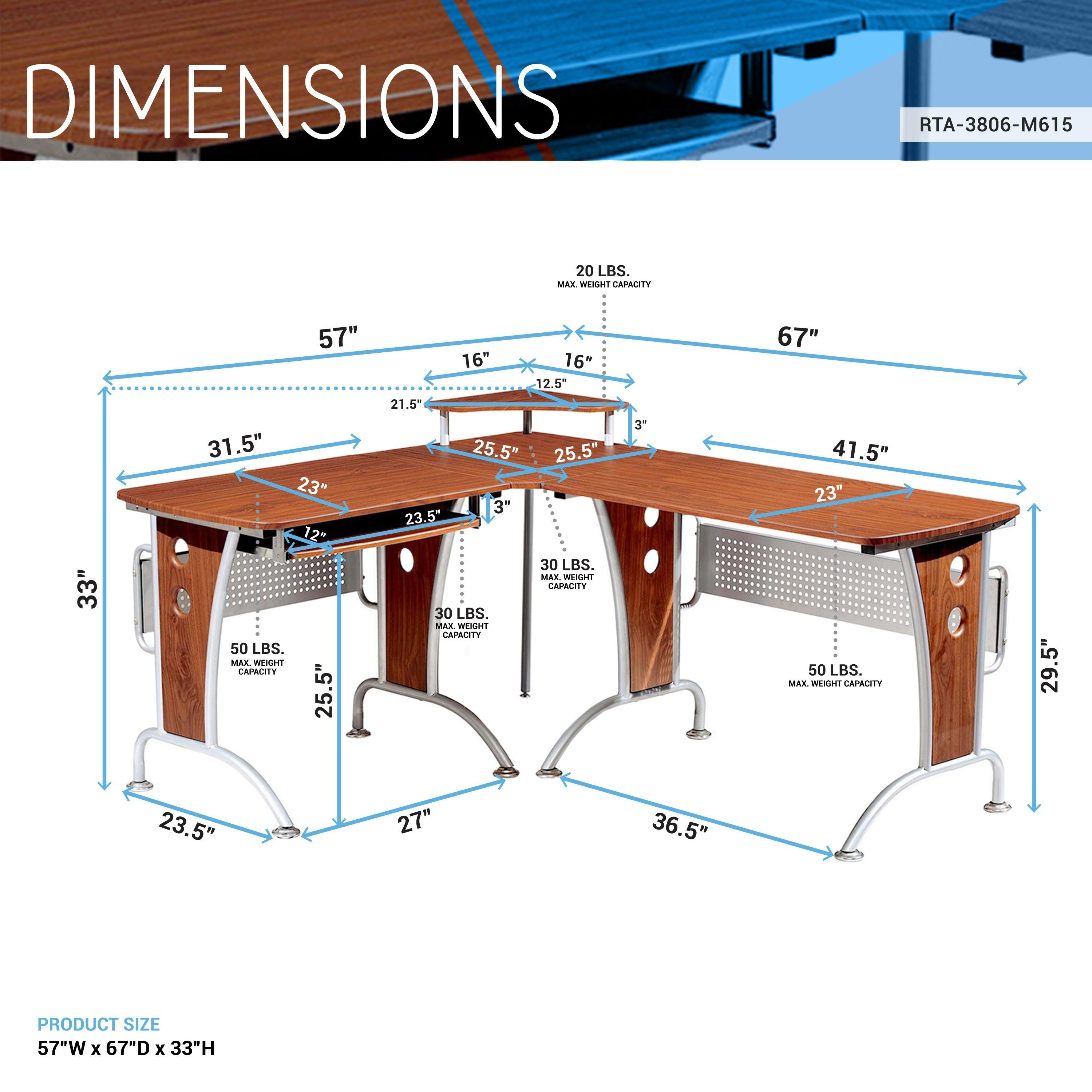 Techni Mobili Deluxe L-Shaped Computer Desk With Pull Out Keyboard Panel, Mahogany