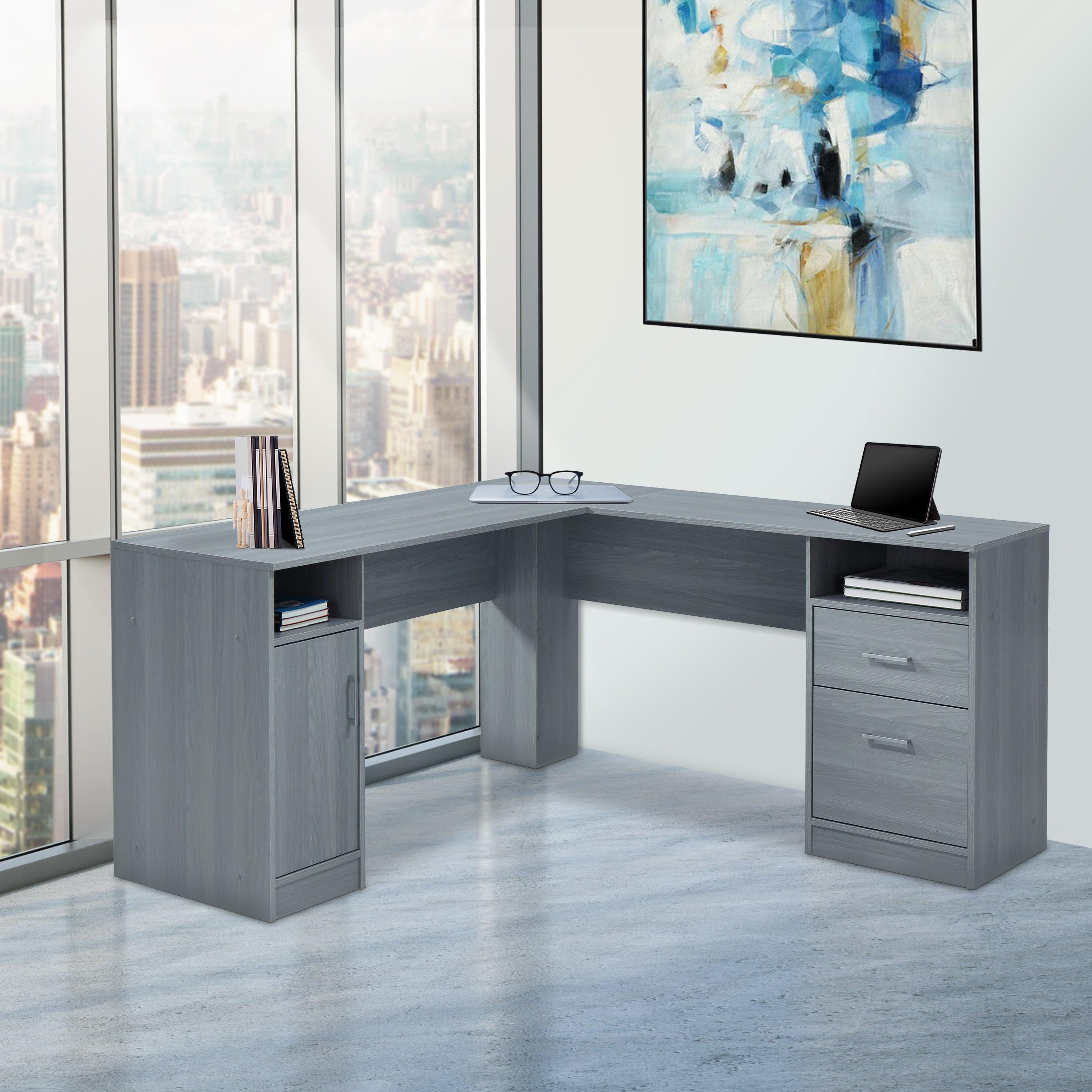 Techni Mobili Functional L-Shape Desk withStorage, Grey