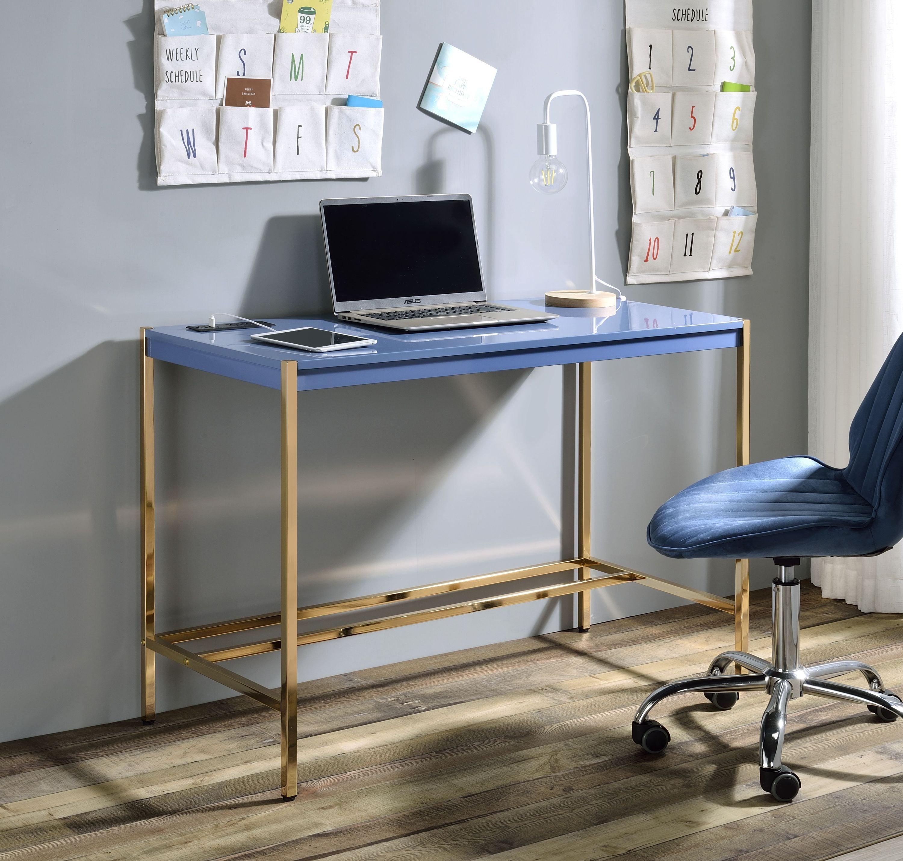 ACME Midriaks Writing Desk w/USB Port in Navy Blue & Gold Finish OF00022 image