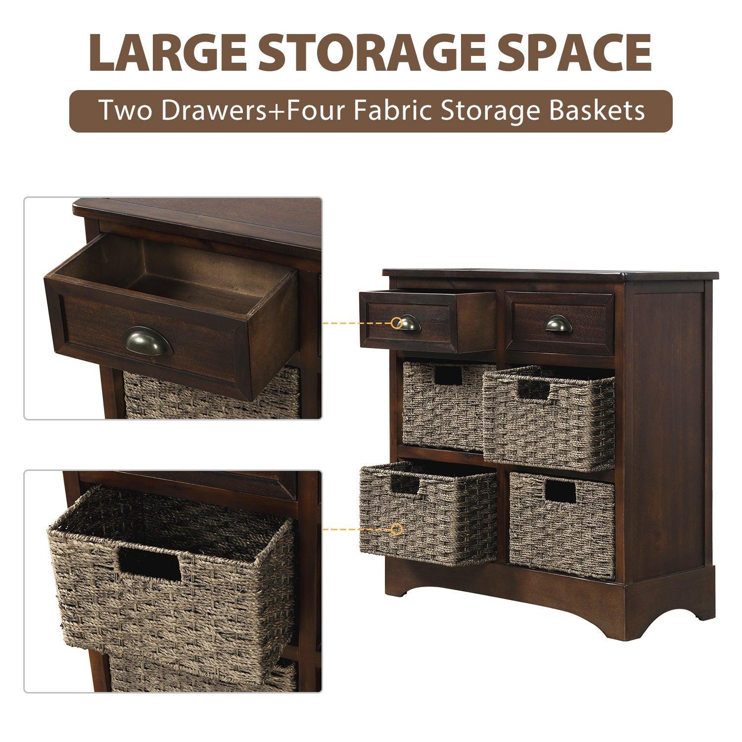 RusticStorage Cabinet with Two Drawers and Four Classic Rattan Basket for Dining Room/Living Room (Espresso)