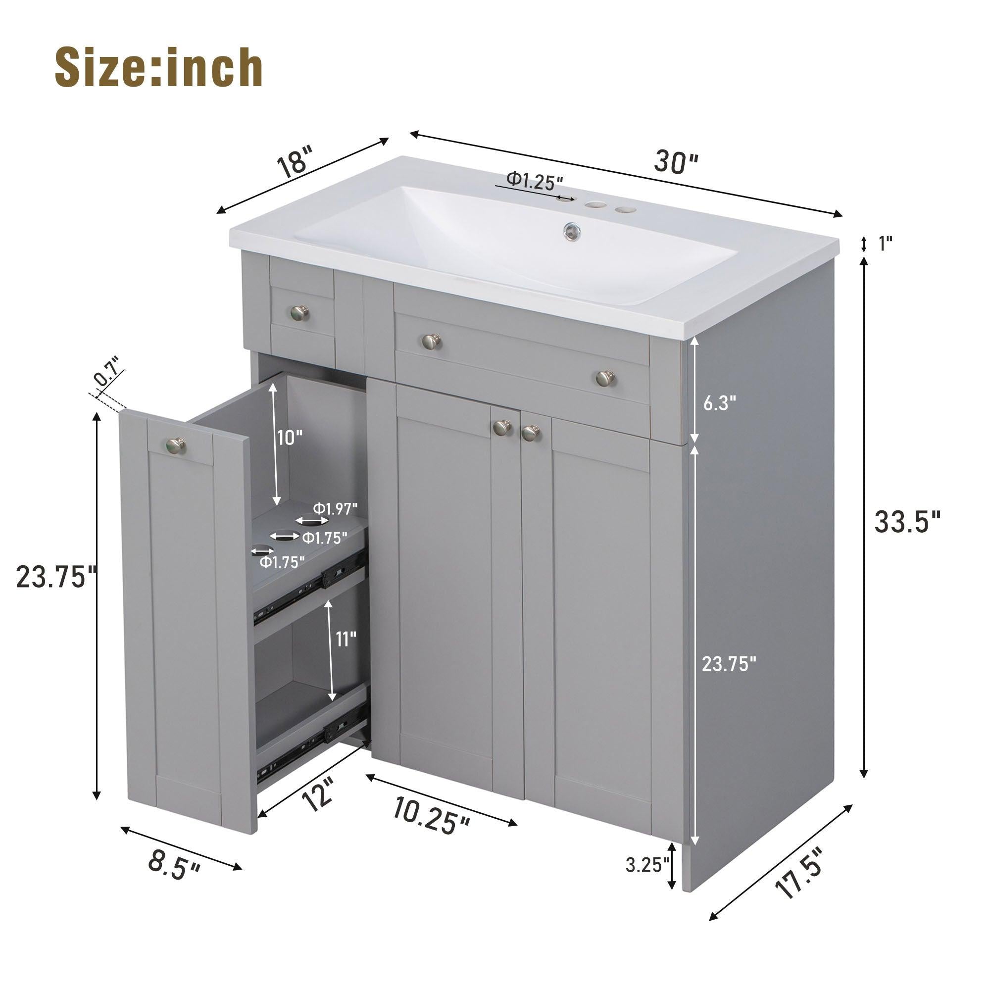 30" Bathroom vanity with Single Sink in grey,Combo Cabinet Undermount Sink,BathroomStorage Cabinet,Solid Wood Frame