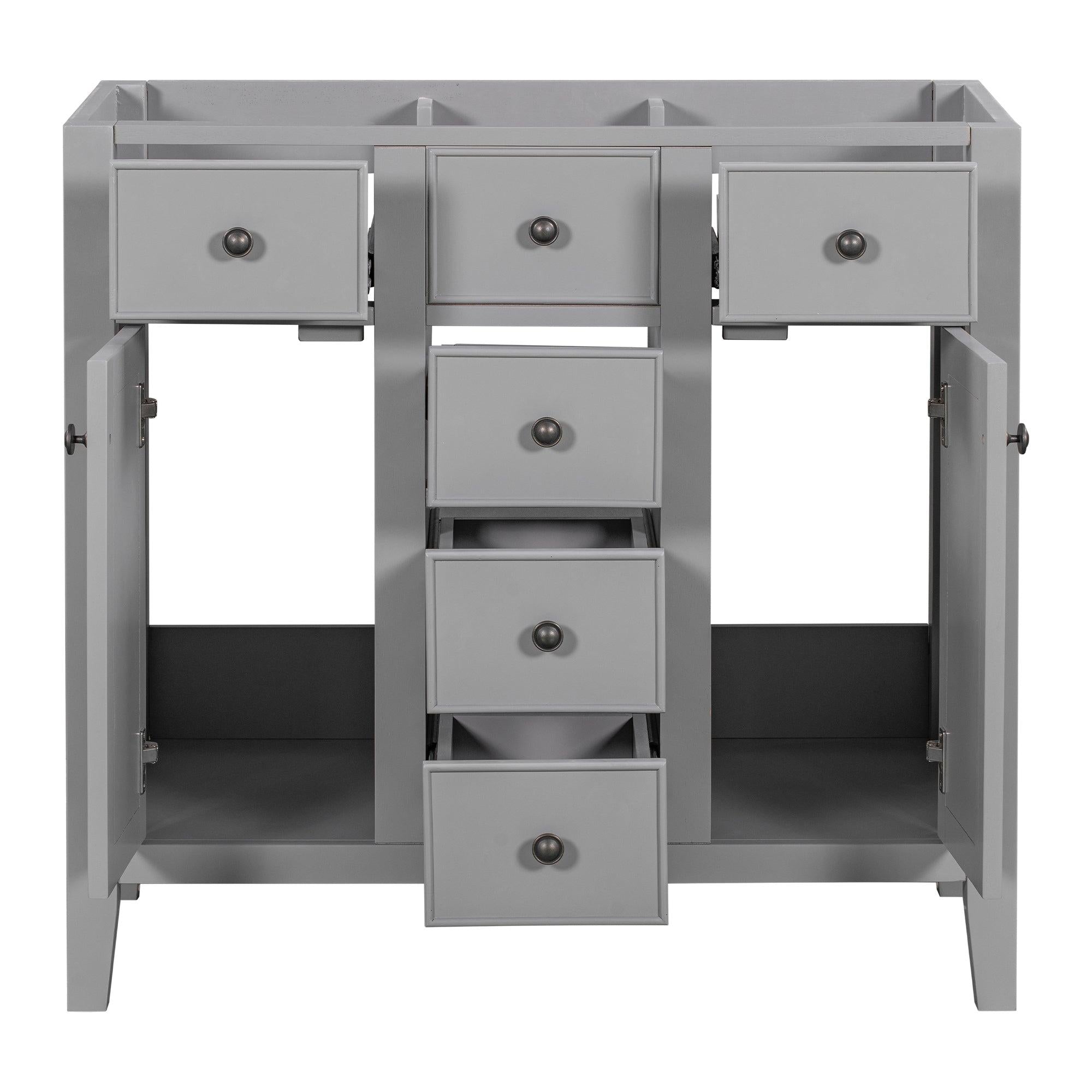 36" Bathroom Vanity without Sink, Cabinet Base Only, Two Cabinets and Five Drawers, Solid Wood Frame, Grey