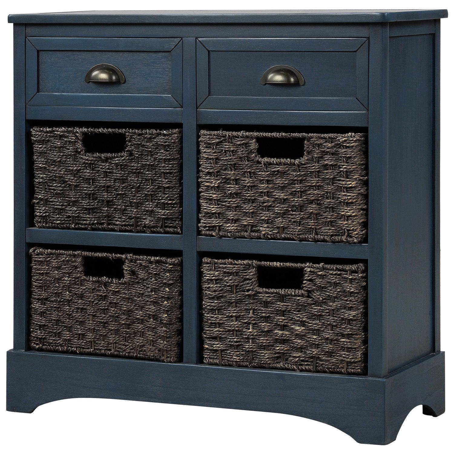 RusticStorage Cabinet with Two Drawers and Four  Classic Rattan Basket for Dining Room/Entryway/Living Room (Antique Navy)