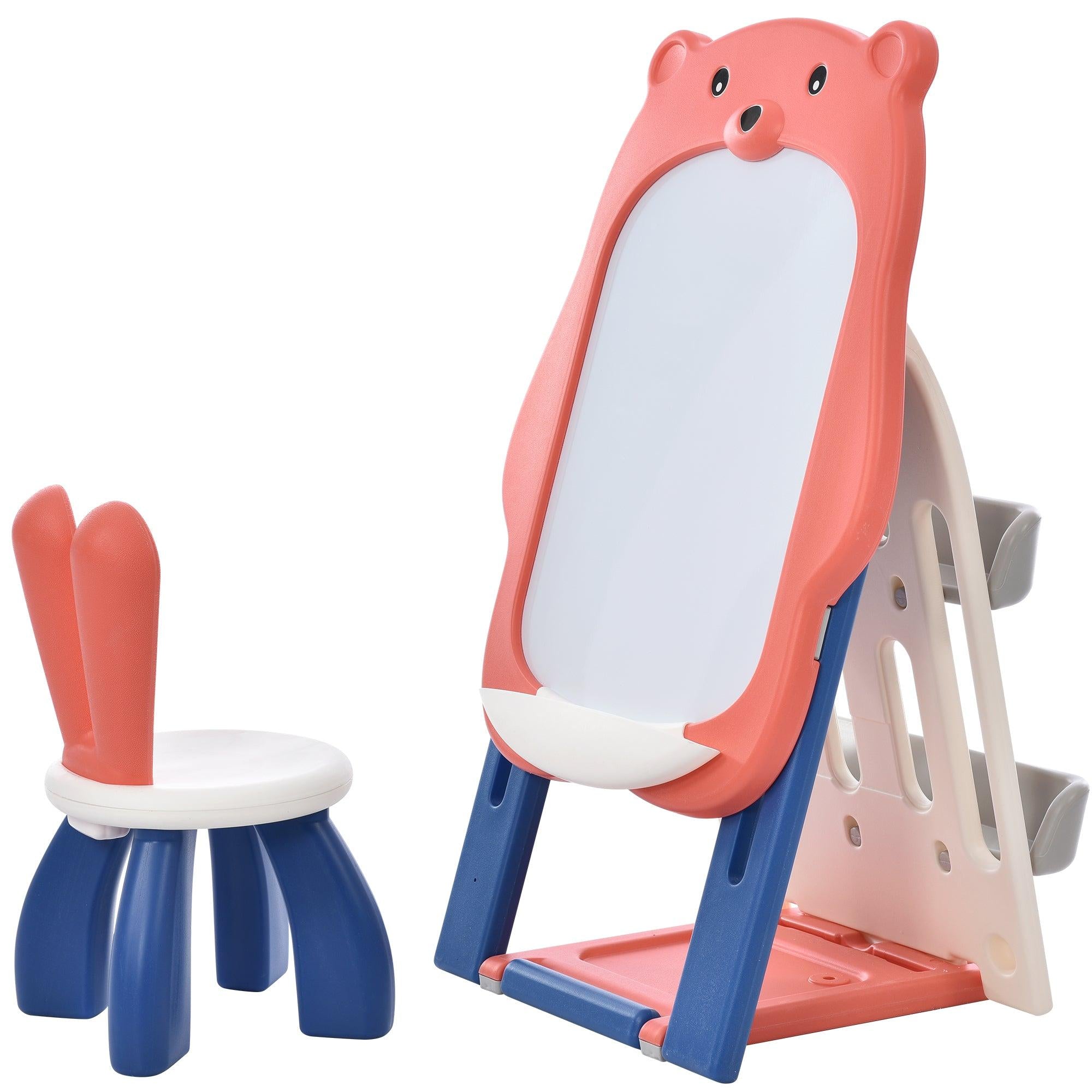 Folding Kids Art Easel with Stool and Adjustable Whiteboard, Standing Foldable Easel-Dry Erase Board with Book Shelf and Toddler Chair for Girls and Boys