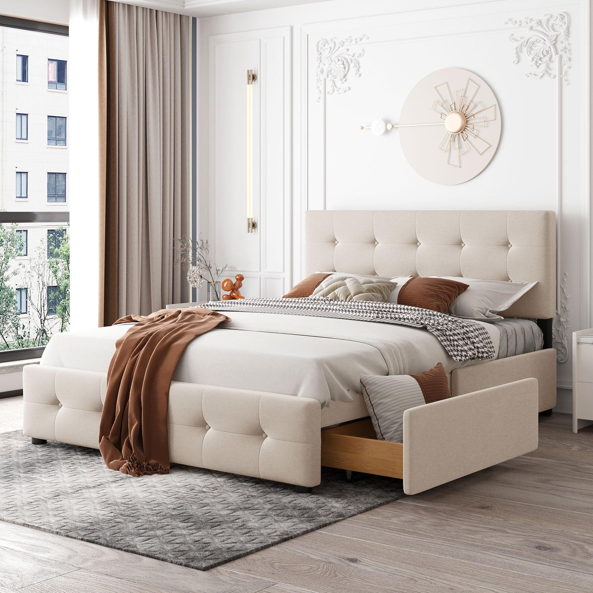 Upholstered Platform Bed with Classic Headboard and 4 Drawers, No Box Spring Needed, Linen Fabric, Queen Size Beige image