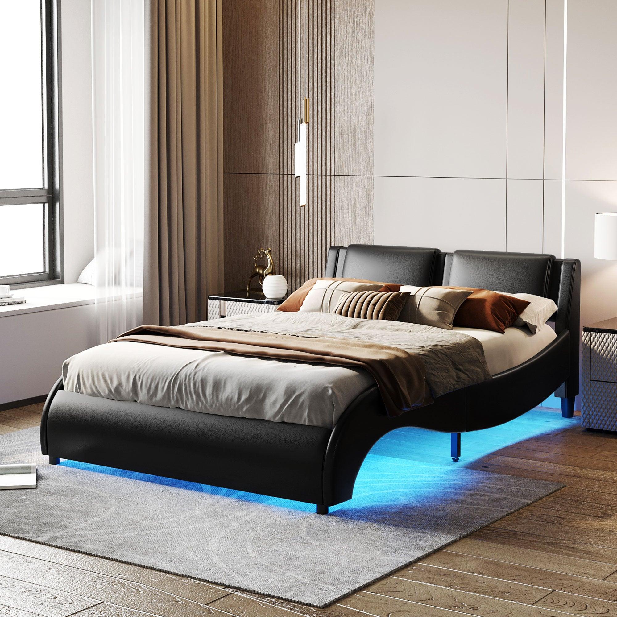 Queen Size Upholstered Faux Leather Platform Bed with LED Light Bed Frame with Slatted - Black image