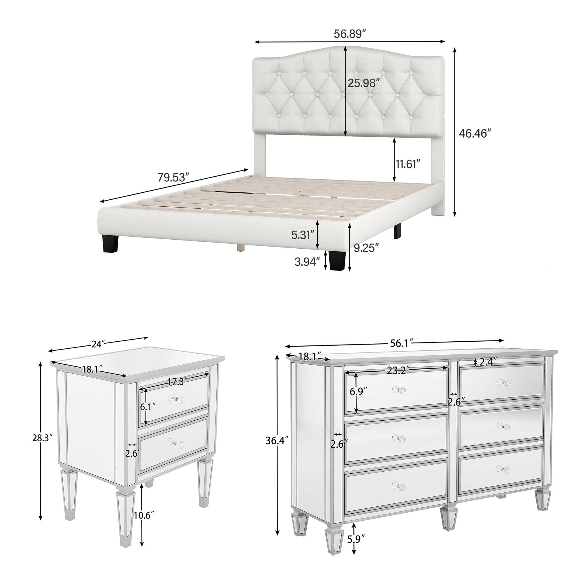 Elegant 3 Pieces Bedroom Set Full Upholstered Curved Tufted Linen Platform Bed Frame with Mirrored Silver Finished Nightstand and Dresser