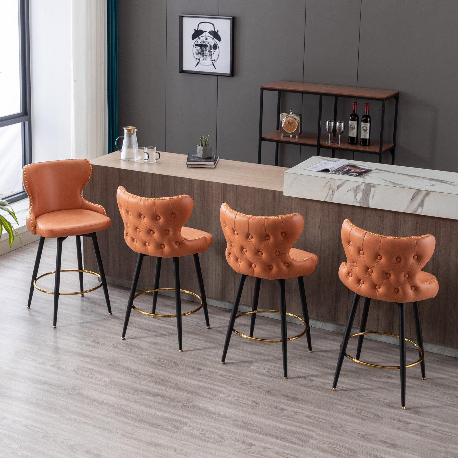 Counter Height 25"Modern Leathaire Fabric bar chairs,180° Swivel Bar Stool Chair for Kitchen,Tufted Gold Nailhead Trim Bar Stools with Metal Legs,Set of 2 (Orange)