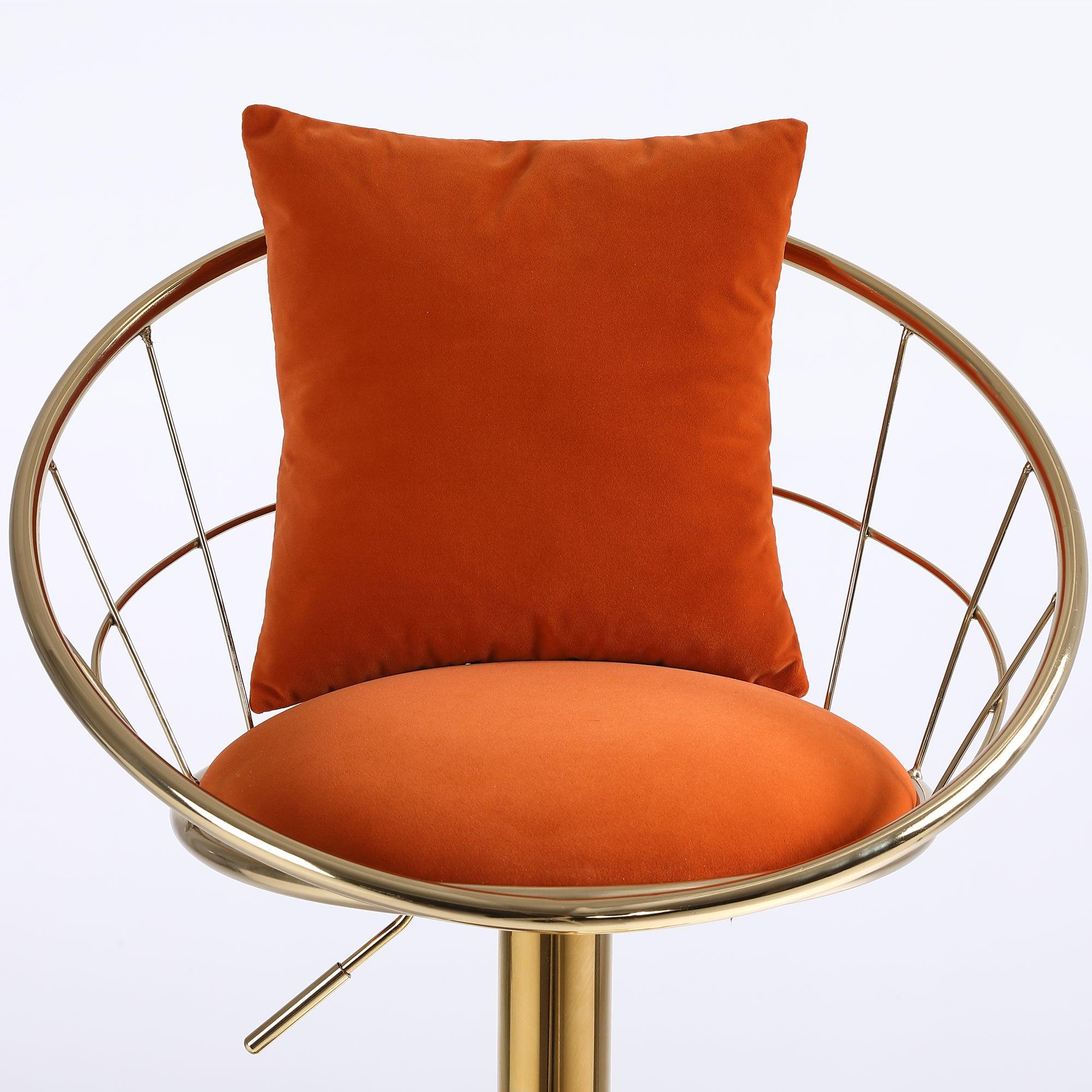 Orange velvet bar chair, pure gold plated, unique design，360 degree rotation, adjustable height，Suitable for dinning room and bar，set of 2