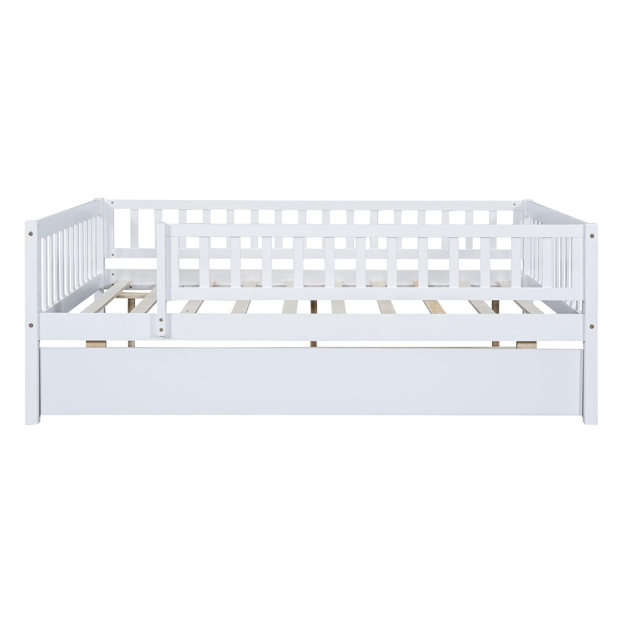 Full Size Wood Daybed with Trundle and Fence Guardrails, White