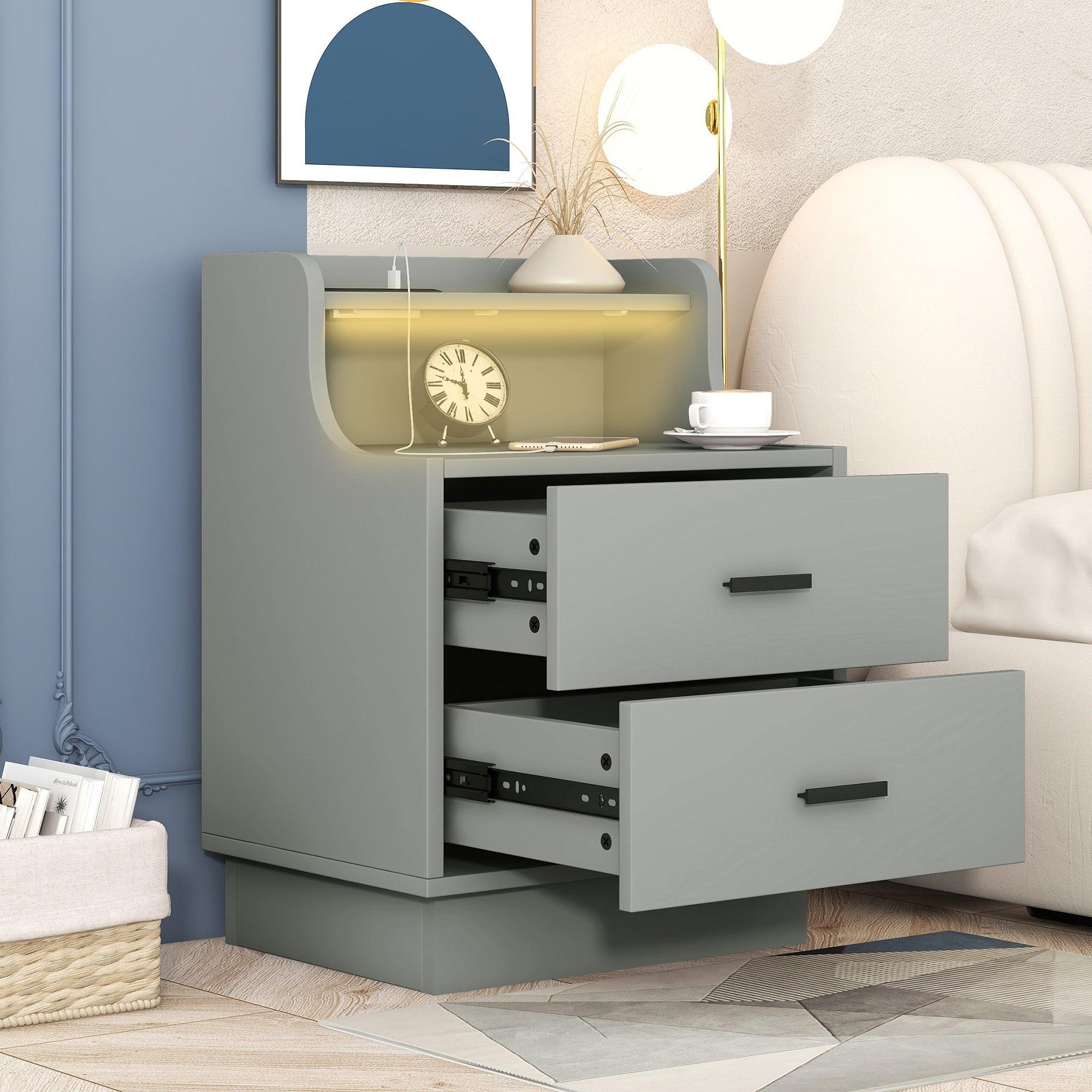 Multifunctional Nightstand with 2 Drawers, Shelf with USB Charging Design, Color-Changing LED, Gray image