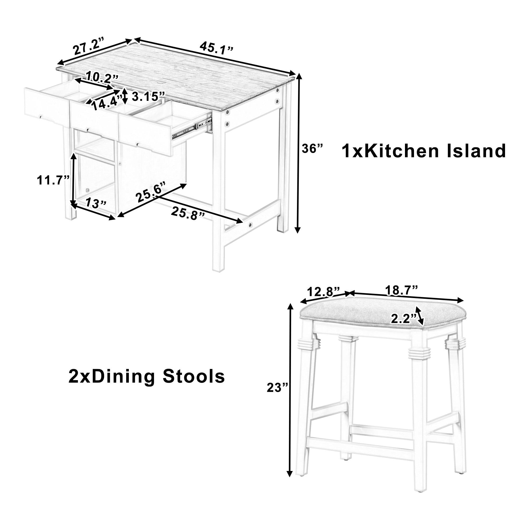 Farmhouse 3-piece 45" Stationary Rubber Wood Kitchen Island Set with 2 Seatings, Butcher Block Dining Table Set Prep Table Set with 2 Shelves and 3 Drawers for Small Places,White