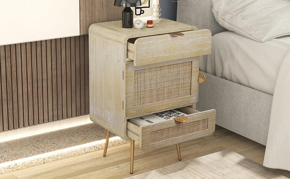 Wooden Nightstand with Rattan Panel,Two Drawers ,One Cabinet and Metal Feet  Bedside Table (Natural)