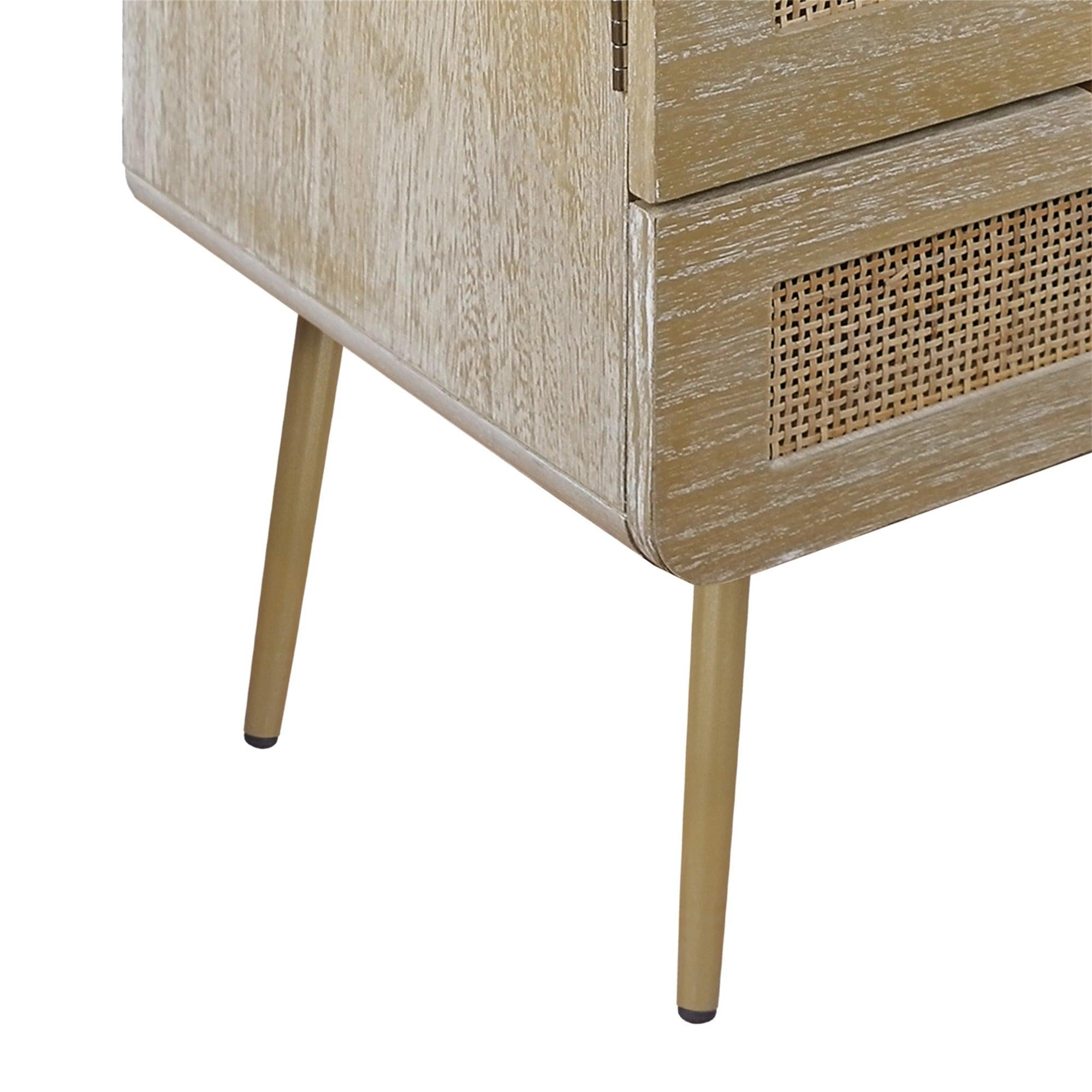 Wooden Nightstand with Rattan Panel,Two Drawers ,One Cabinet and Metal Feet  Bedside Table (Natural)