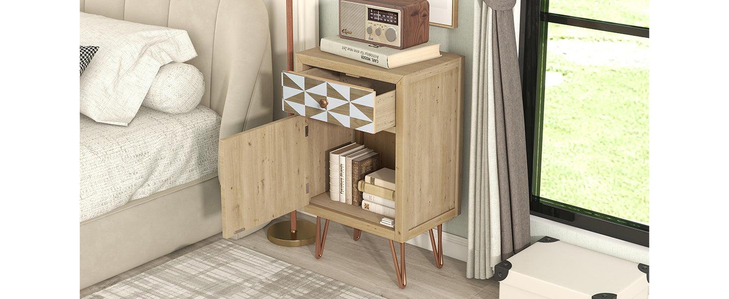 Wooden Nightstand with One Drawer,One Shelf with Doors and Metal FeetModern Style Bedside Table (Natural)