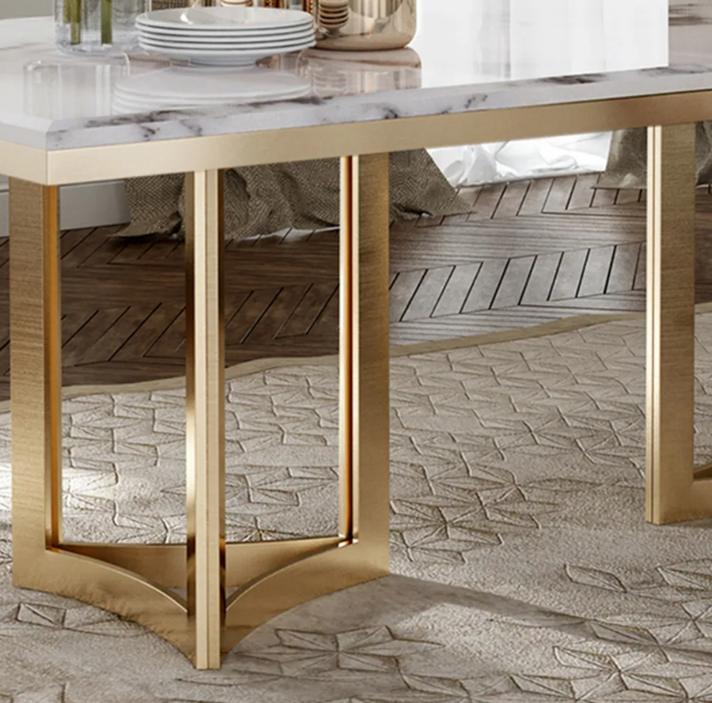 BuraModern Marble Dining Table with Rectangular Tabletop Gold Stainless Legs, for Kitchen and Dining Room