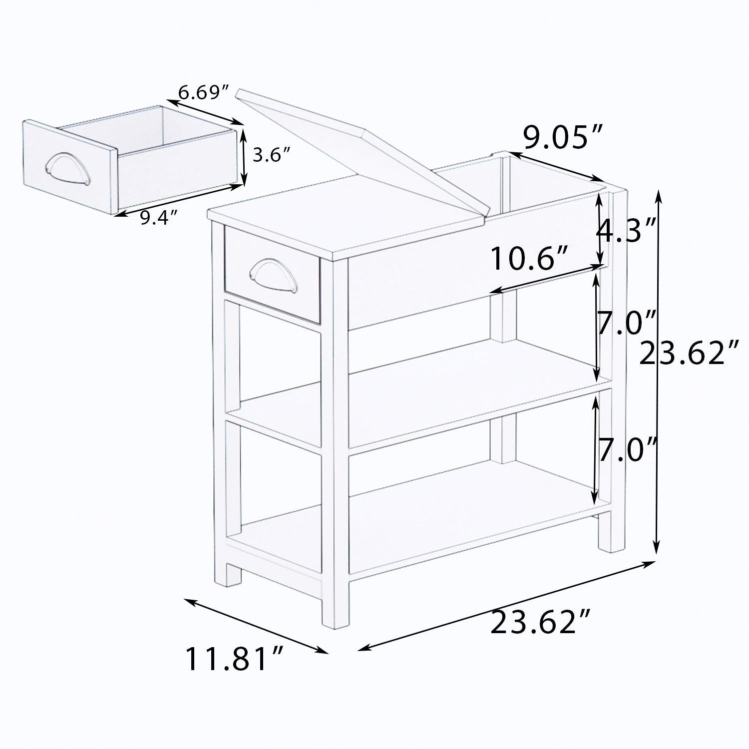 Narrow Sided Table with Drawers and Bottom Partition in Flip Over Design - Brown