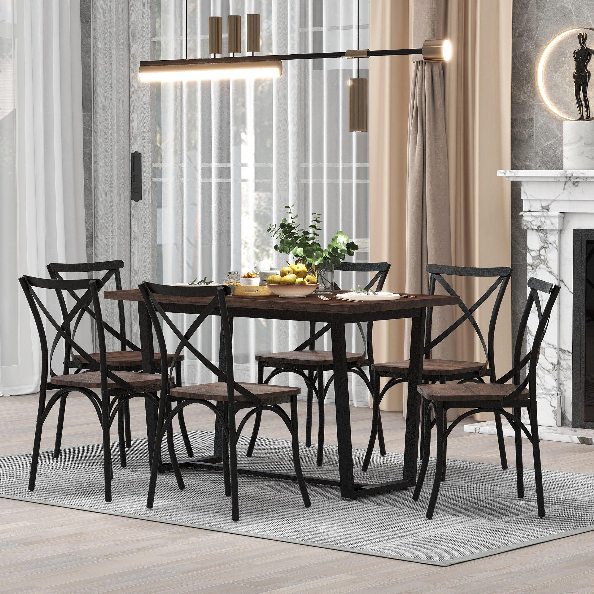 7 Piece Industrial Dining Table Set Rectangular Table with 6 Dining Chairs Kitchen Table Set with Metal Frame (Rustic Brown) image