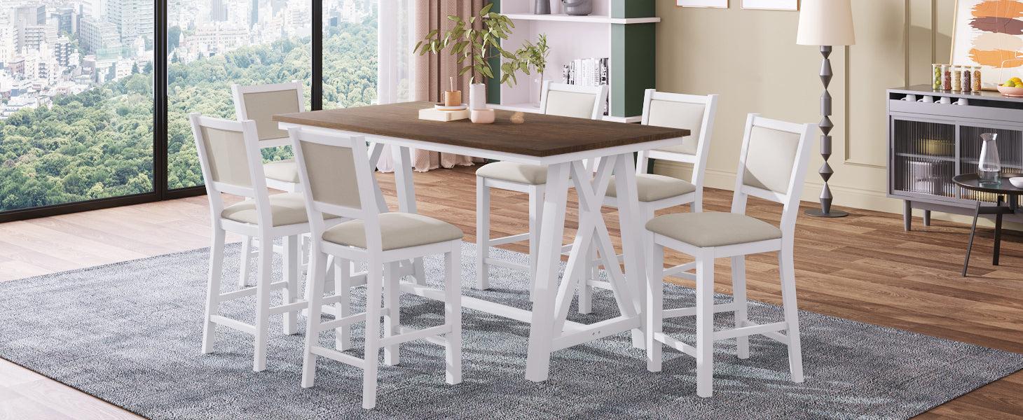 7-Piece Counter Height Farmhouse Wooden Dining Table Set, Rustic Kitchen Furniture Set with 6 Upholstered Dining Chairs, White