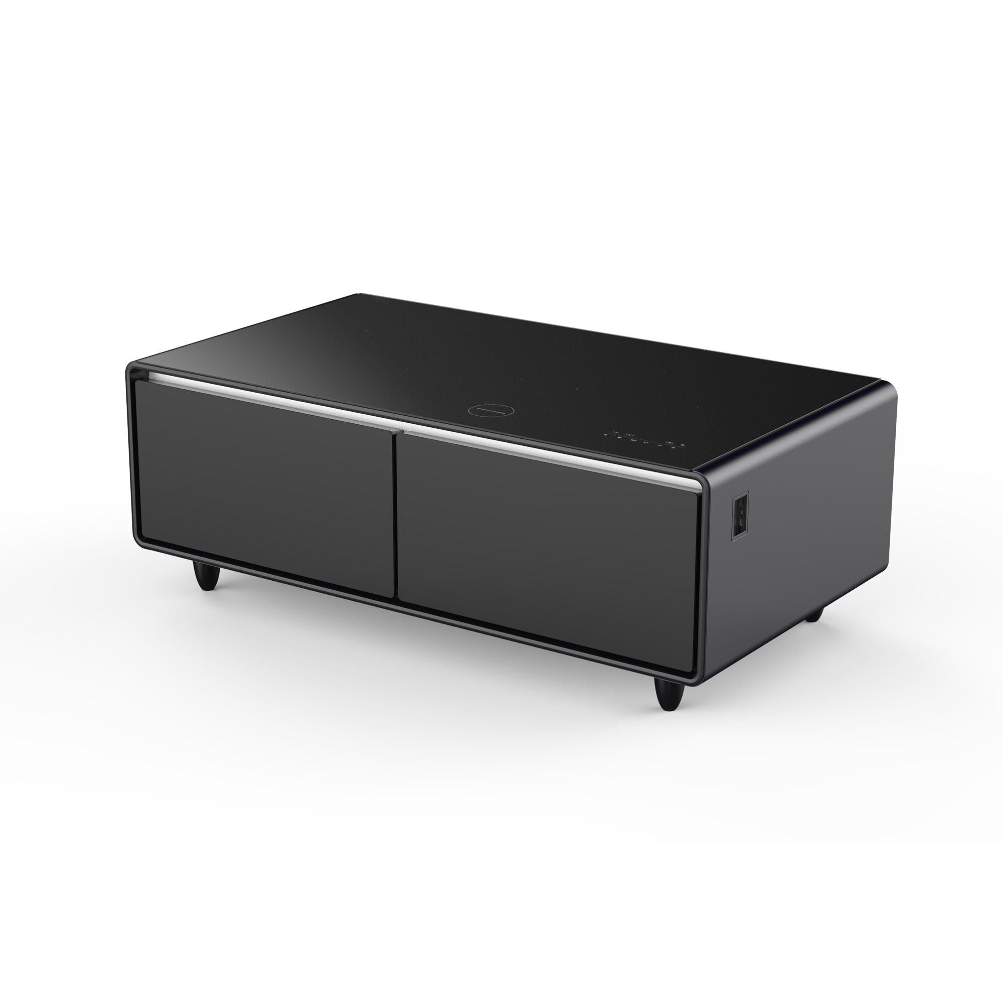 Modern Smart Coffee Table with Built-in Fridge, Bluetooth Speaker, Wireless Charging Module, Touch Control Panel, Power Socket, USB Interface, Outlet Protection, Atmosphere light, and More